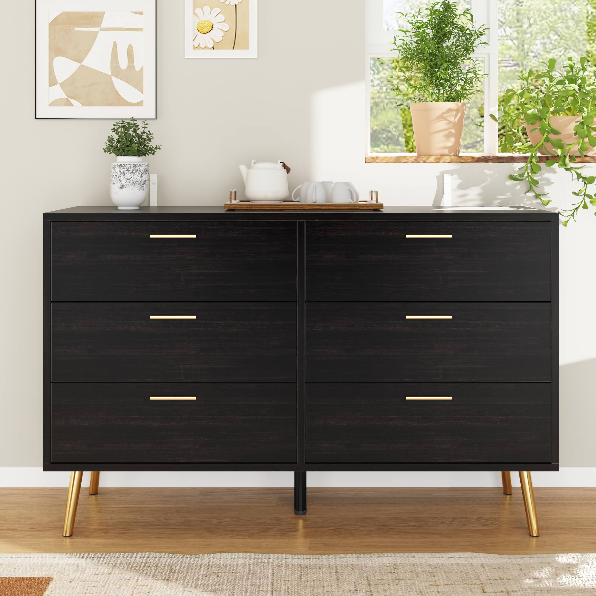 Back. FUFU & GAGA - FUFU&GAGA 6 - Drawer Double Dresser with Metal Legs Modern Storage Solution - Brown.
