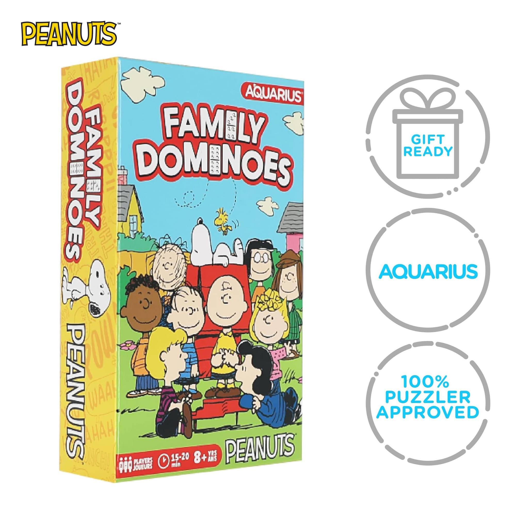 PEANUTS  
AQUARIUS  
FAMILY DOMINOES  
GIFT READY  
DOMINOES  
100% PUZZLER APPROVED  
PLAYERS 1+  
15-20 min  
8+