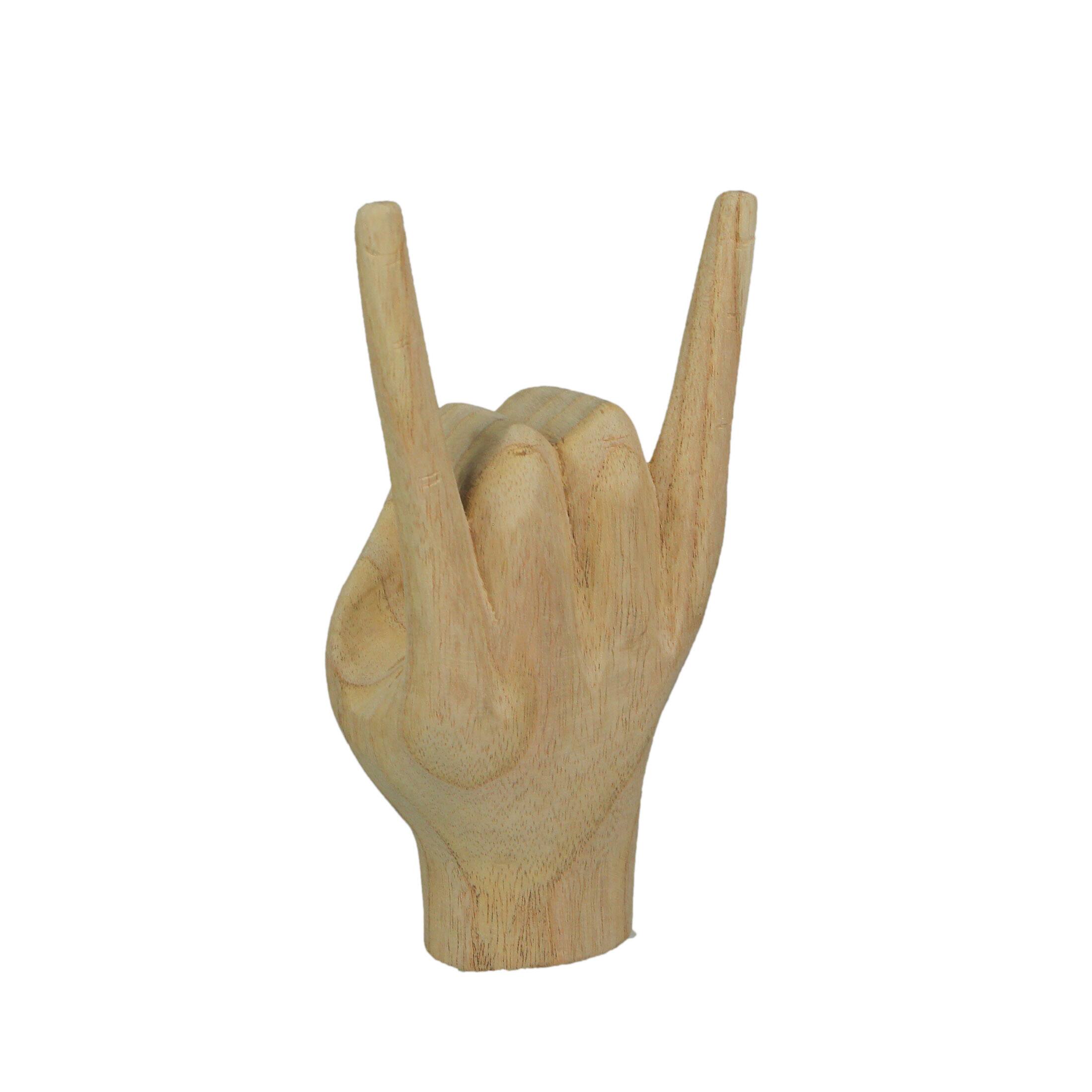 Alt View 2. Zeckos - Carved Wooden Rock On Devil Horns Hand Gesture Statue Natural Finish Home Decor - Brown.