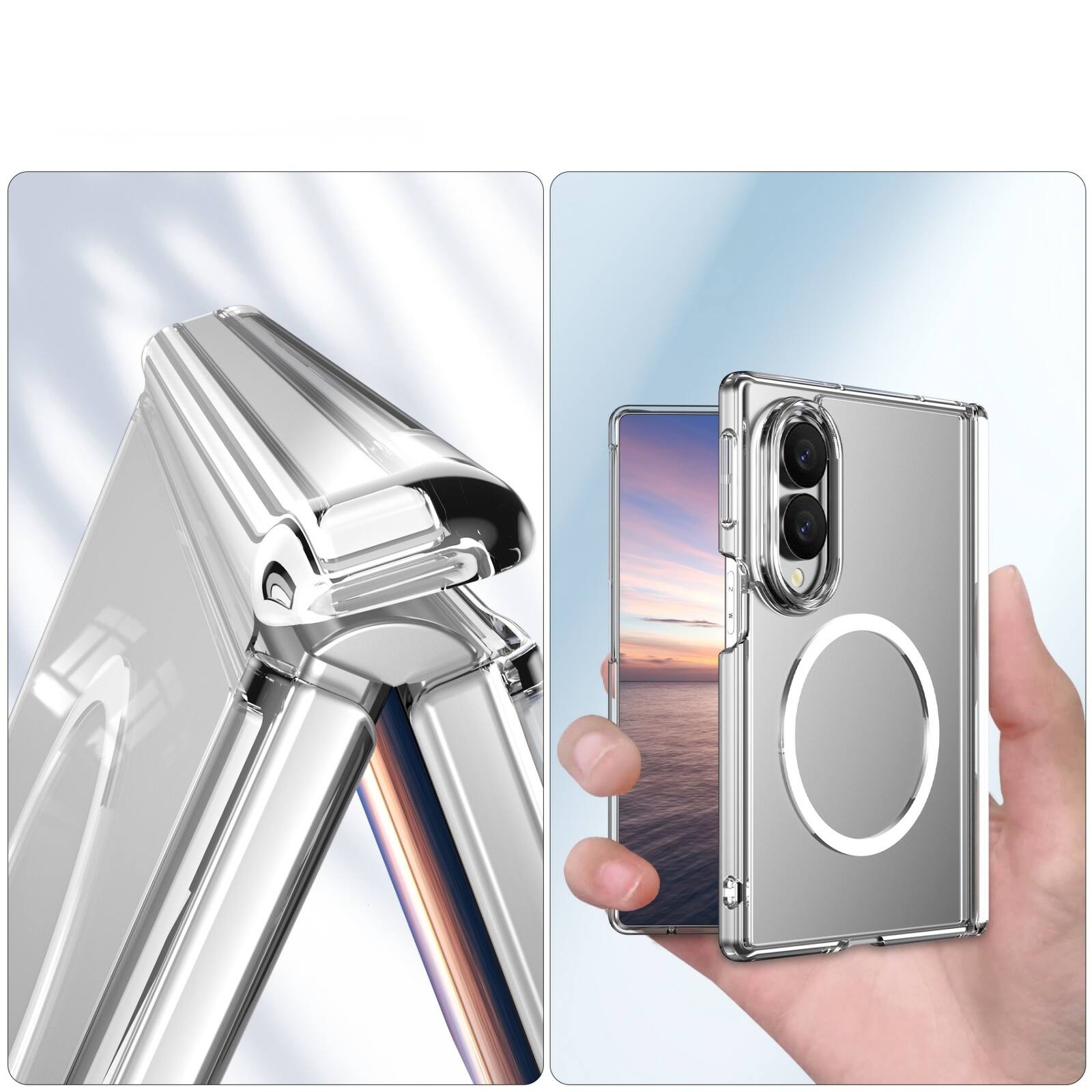 Left. Dteck - Shockproof Phone Case for Samsung Galaxy Z Fold8 Built in Screen Film, Clear Magnetic Cover with Full Hinge Protection - Clear.
