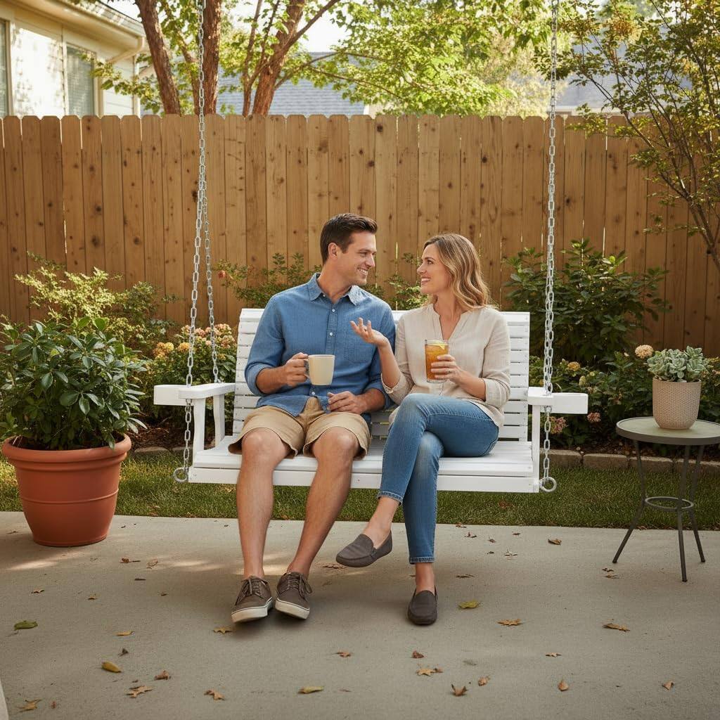 Angle. Fortune Candy - Wooden Porch Swing 2-Seater, High Backrest and Deep Seat, Bench Swing with Cupholders, for Outdoor Patio Garden - White.