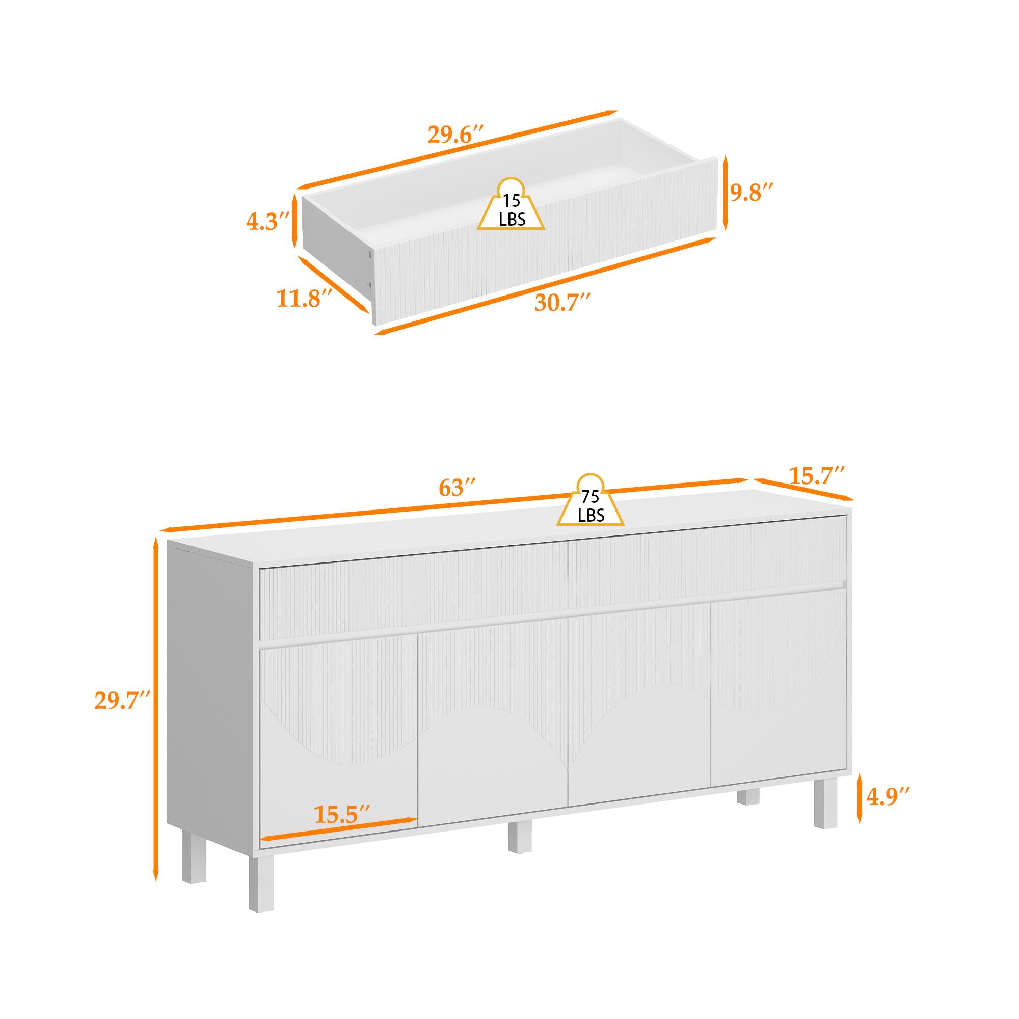The text can be grouped as follows:

- Dimensions:
  - 29.6"
  - 4.3"
  - 11.8"
  - 30.7"
  - 63"
  - 15.7"
  - 29.7"
  - 15.5"
  - 4.9"

- Weights:
  - 15 LBS
  - 75 LBS