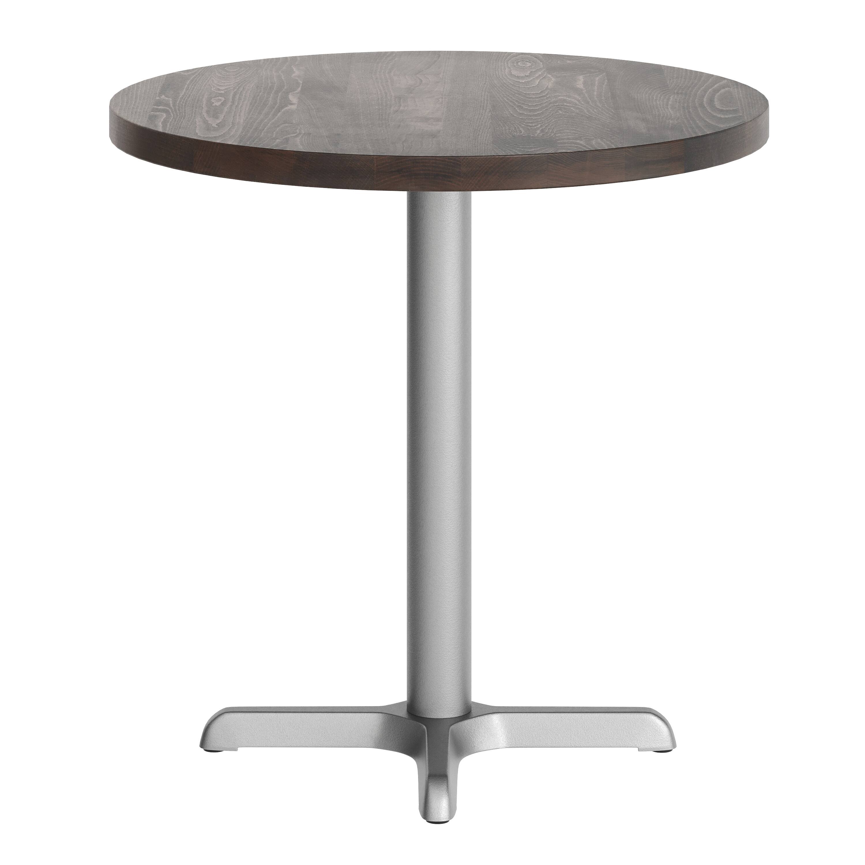 Angle. Flash Furniture - Bennett 30" Round Solid Wood Commercial Indoor Tabletop in Dark Brown with 22" x 22" Table Height Rust-Resistant Silver - Brown.
