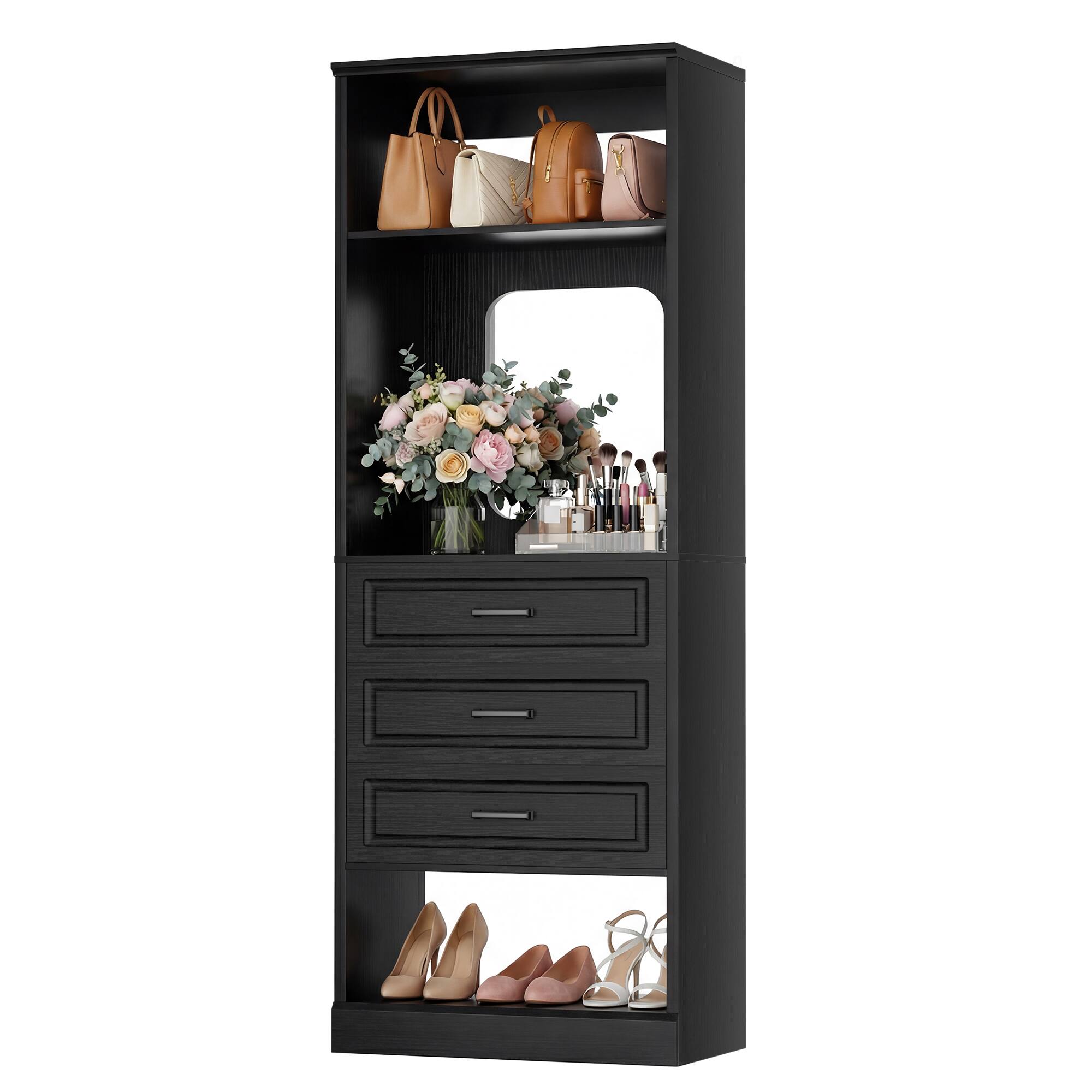 Angle. Aheaplus - 25'' Upgraded Style Walk-in Closet Organizer with 3 Drawers and Mirror - Black.