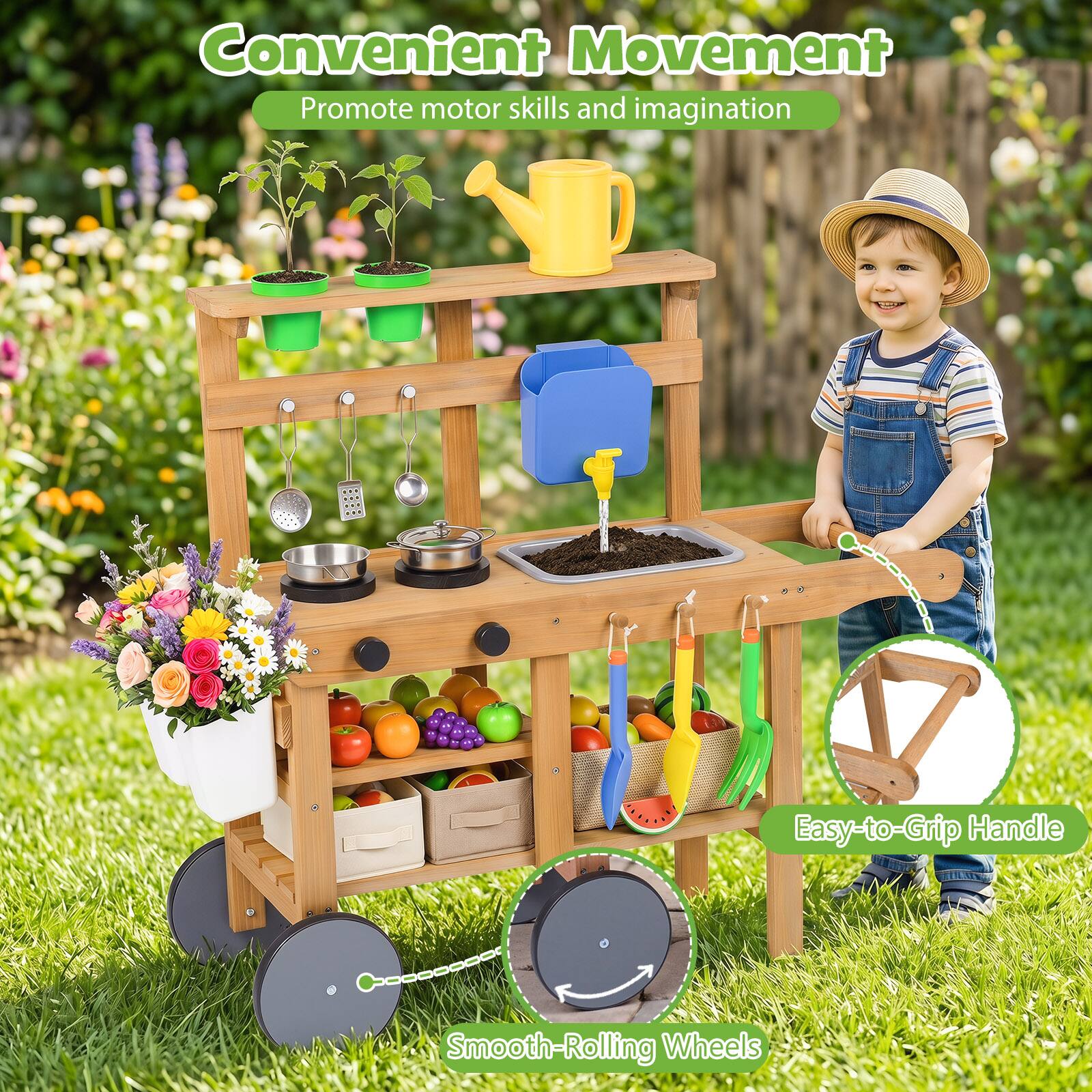 Convenient Movement  
Promote motor skills and imagination  
Easy-to-Grip Handle  
Smooth-Rolling Wheels