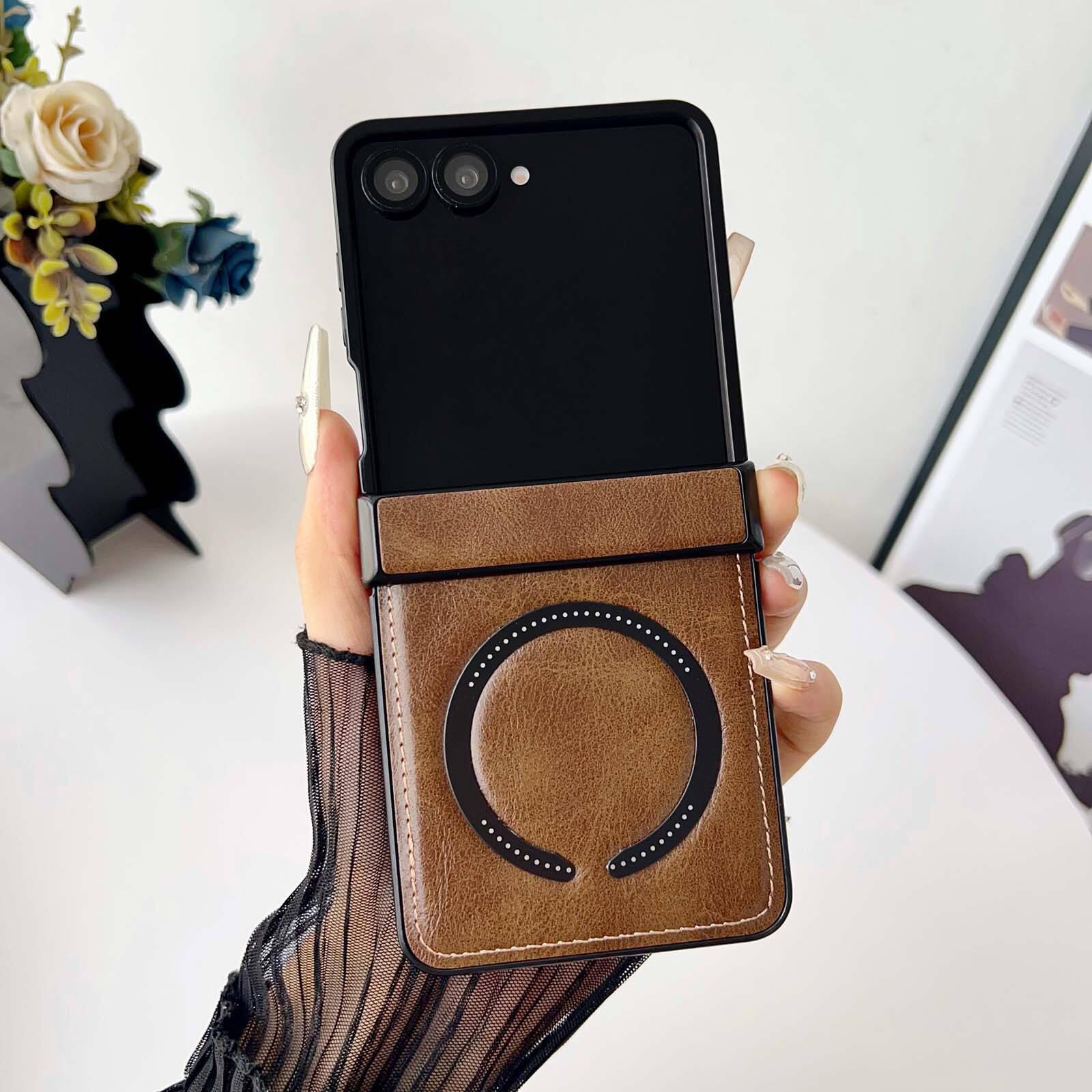 Dteck - Shockproof Magnetic Phone Case for Samsung Galaxy Z Flip8, Rigid Plastic Faux Leather Hinge Cover, Raised Lip Protection - Brown