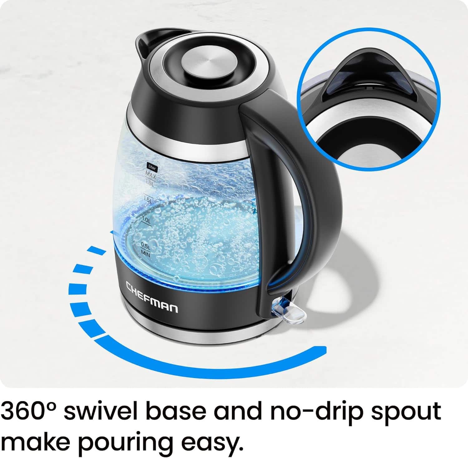 Uten XAM TT 1.5L LOL 0.5L MIN CHEFMAN 360° swivel base and no-drip spout make pouring easy.