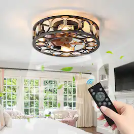 Sofucor - Caged Ceiling Fan with Light and Remote 19.7in Small Low Profile Ceiling Fans for Farmhouse Bedroom Kitchen Living room - Black