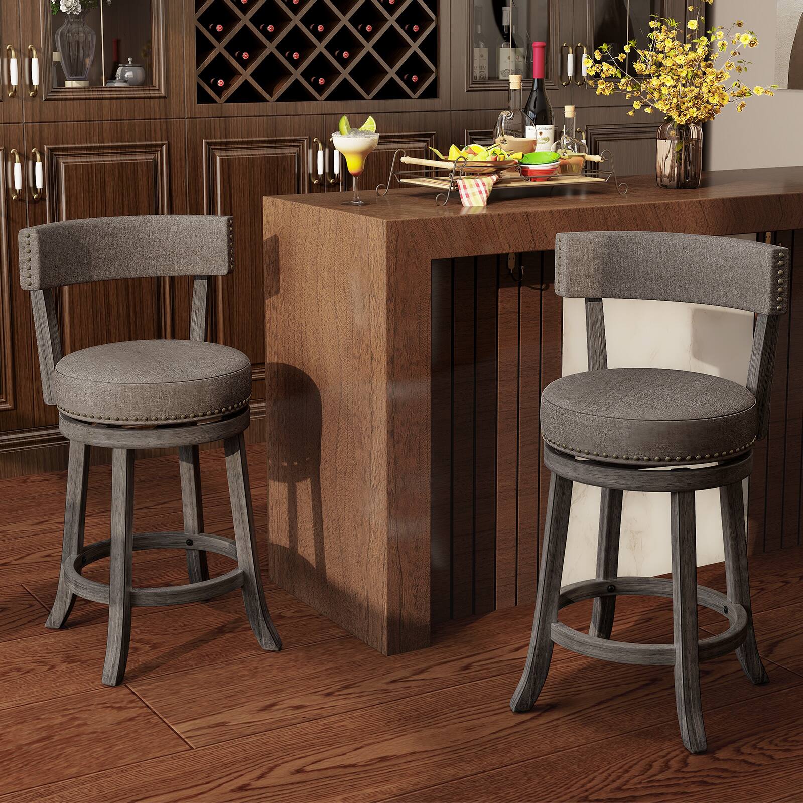 Alt View 4. Gymax - Gymax 26'' Counter Height Chairs Set of 2 w/ 360°  Swivel Seat Back & Cushioned Seat - Gray.