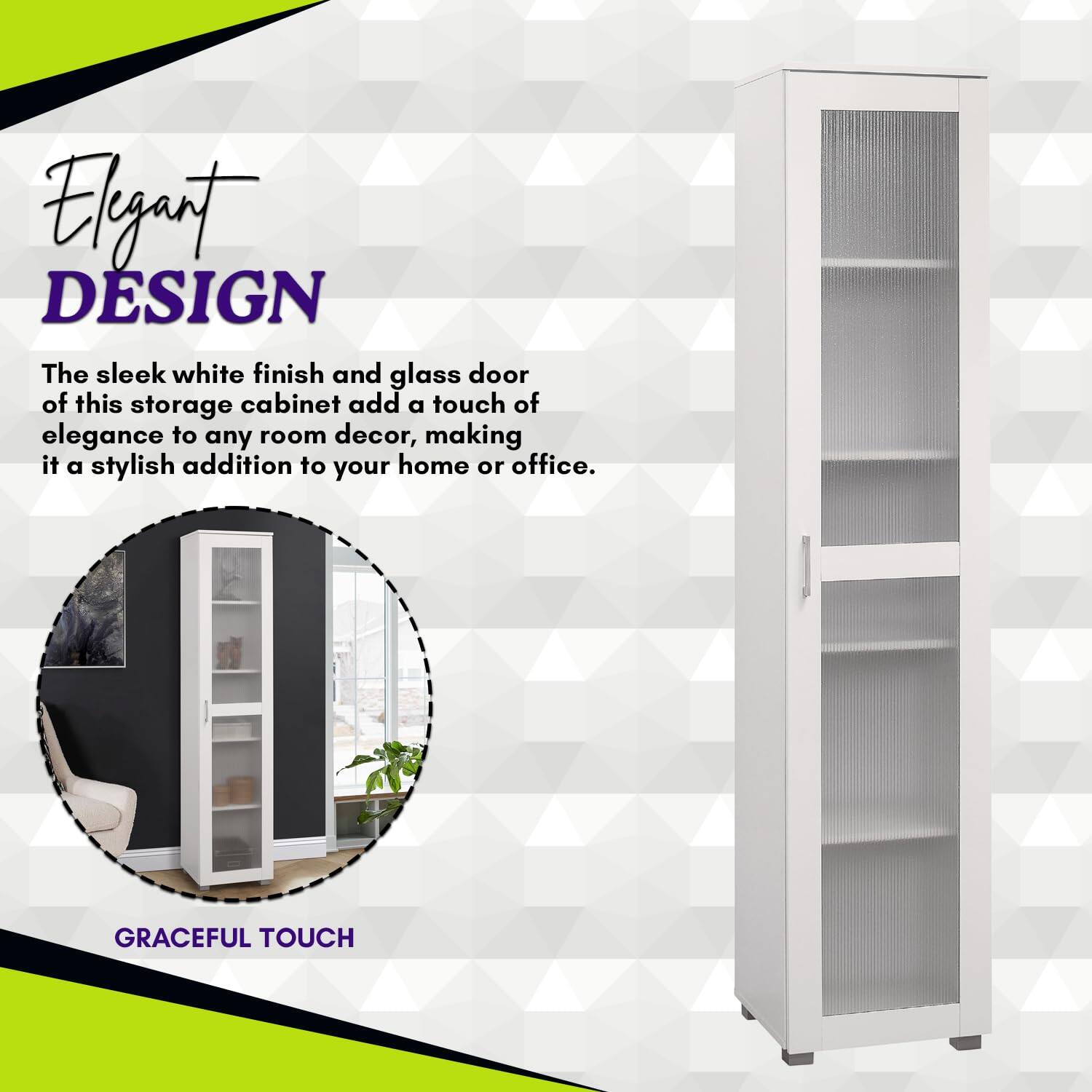 Elegant DESIGN

The sleek white finish and glass door of this storage cabinet add a touch of elegance to any room decor, making it a stylish addition to your home or office.

GRACEFUL TOUCH