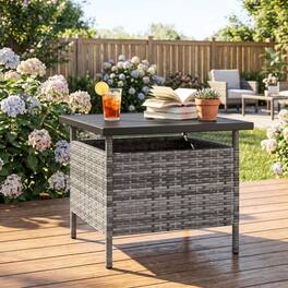 Mondawe - Square Wicker Patio Side Table w/ Umbrella Hole, Rattan Outdoor Bistro Table for Yard & Garden - Gray