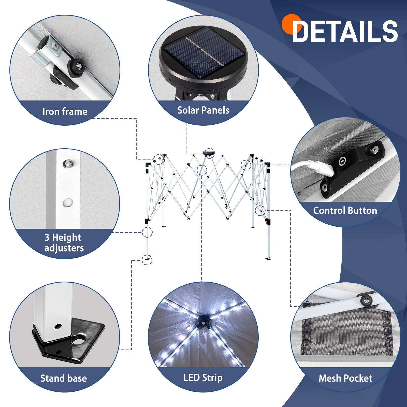 DETAILS

- Iron frame
- Solar Panels
- 3 Height adjusters
- Stand base
- LED Strip
- Control Button
- Mesh Pocket