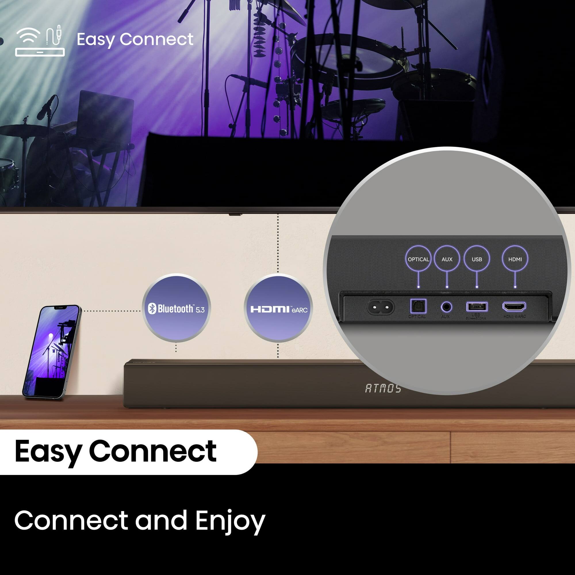 Easy Connect Bluetooth 5.3 HDMI OPTICAL AUX USB HDMI ARC OPTICAL AUX HDMI Easy Connect Connect and Enjoy
