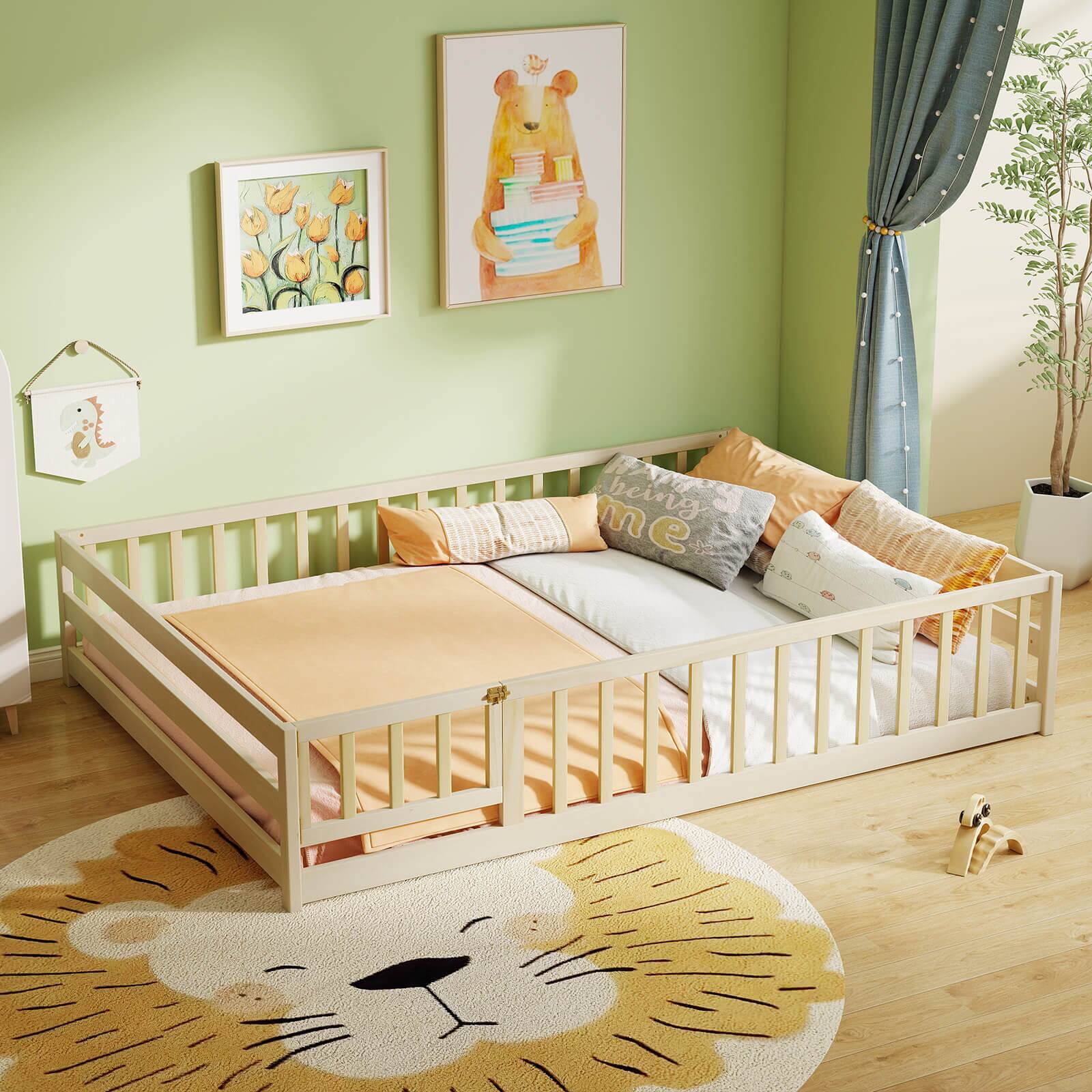 Alt View 3. Costway - Costway Full Size Floor Bed with Full Length Safety Guardrails & Door for Boys, Girls - Natural.