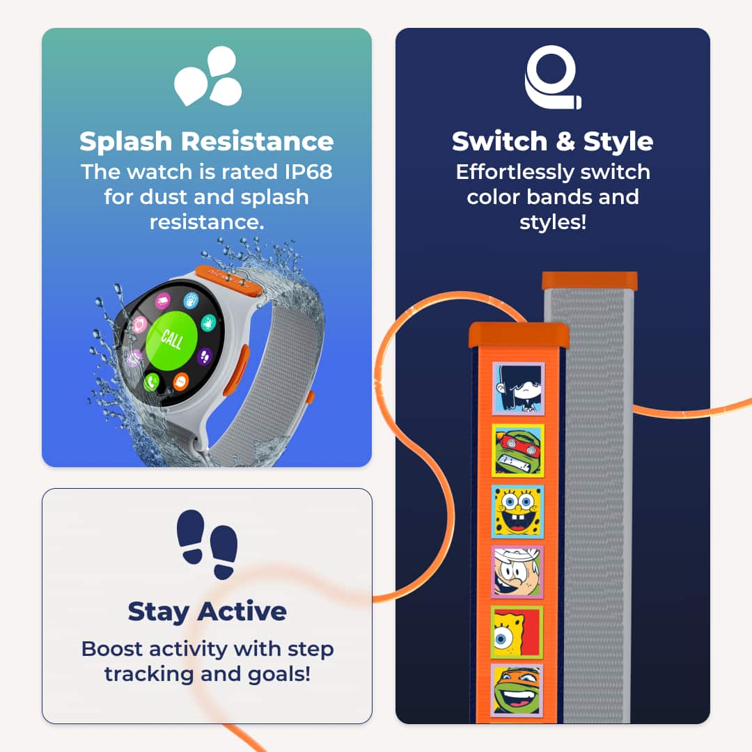 Splash Resistance: The watch is rated IP68 for dust and splash resistance.
Switch & Style: Effortlessly switch color bands and styles!
Stay Active: Boost activity with step tracking and goals!