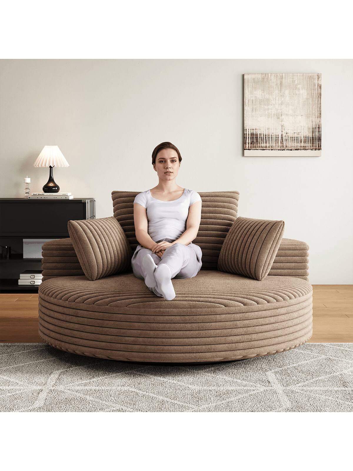 Left. Trinkets Crazed - 55" L Oversized Swivel Chair, Upholstered Corduroy Comfy Accent Chaise Lounge Sofa Chair - Brown.