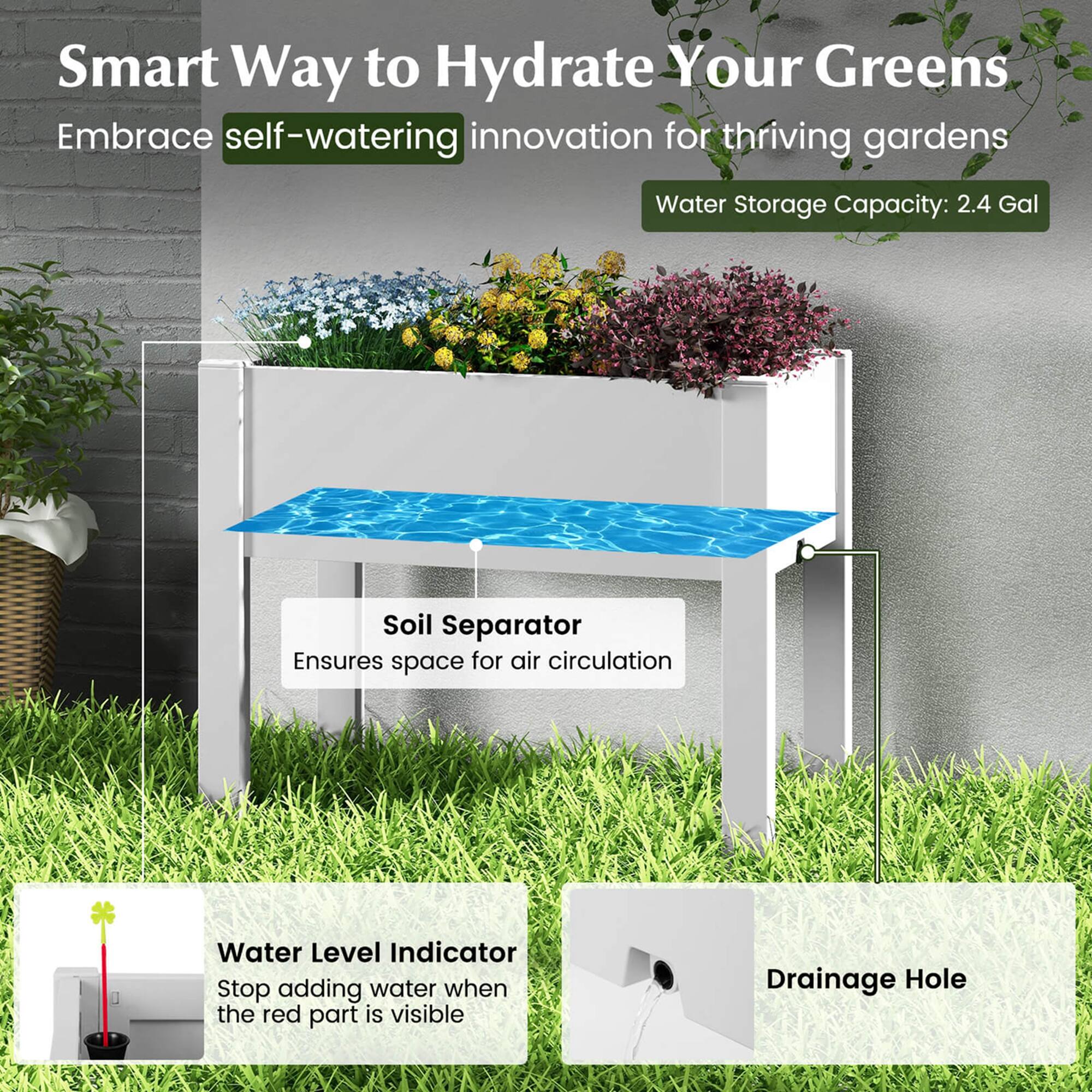 Smart Way to Hydrate Your Greens: Embrace self-watering innovation for thriving gardens. Water Storage Capacity: 2.4 Gal. Soil Separator: Ensures space for air circulation. Water Level Indicator: Stop adding water when the red part is visible. Drainage Hole.