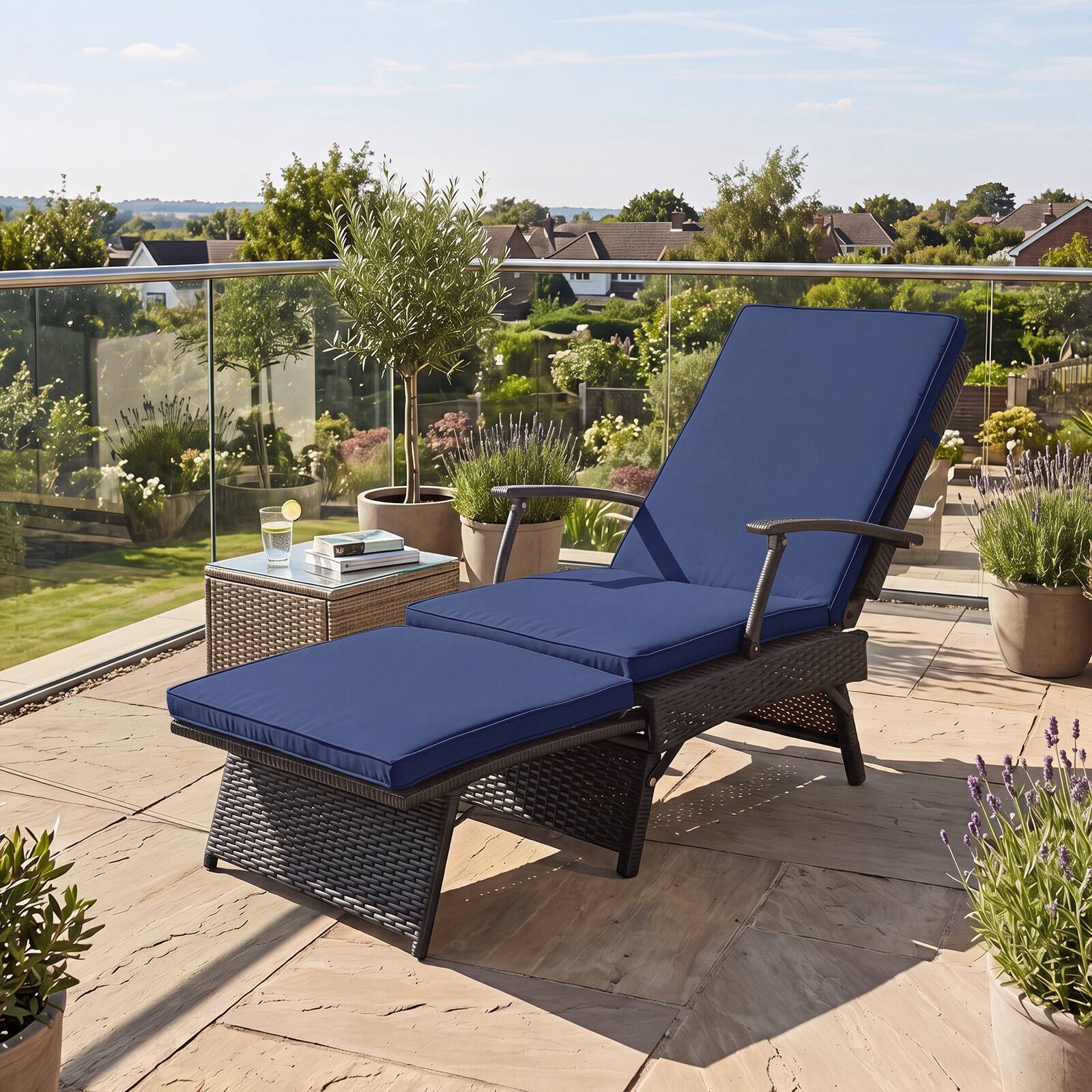Alt View 1. Costway - Costway 2 PCS Folding Wicker Chaise Lounge with Slide-Out Ottoman, Sun-Proof PE Rattan - Mix Brown+Navy Blue.