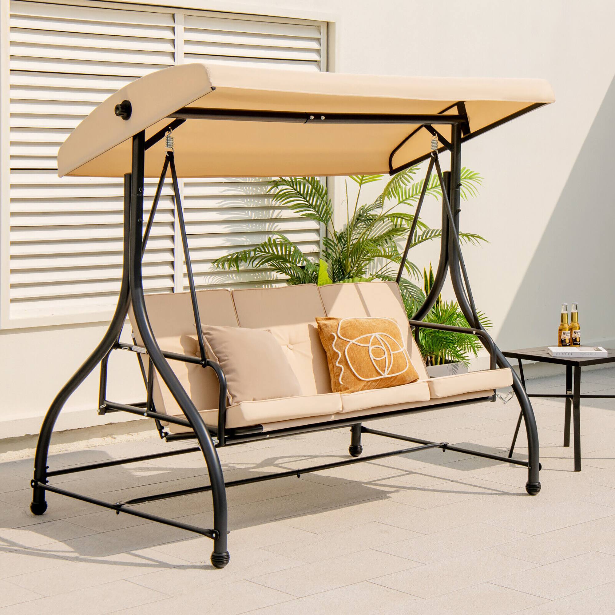 Alt View 3. Gymax - Gymax 3-Seat Outdoor Converting Patio Swing Glider Adjustable Canopy Porch Swing Beige - Beige.