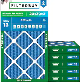 Filterbuy - 20x30x2 MERV 13 Smoke & Allergy Defense, Electrostatic Pleated HVAC AC Furnace Air Filters Replacement (6-Pack) - Blue
