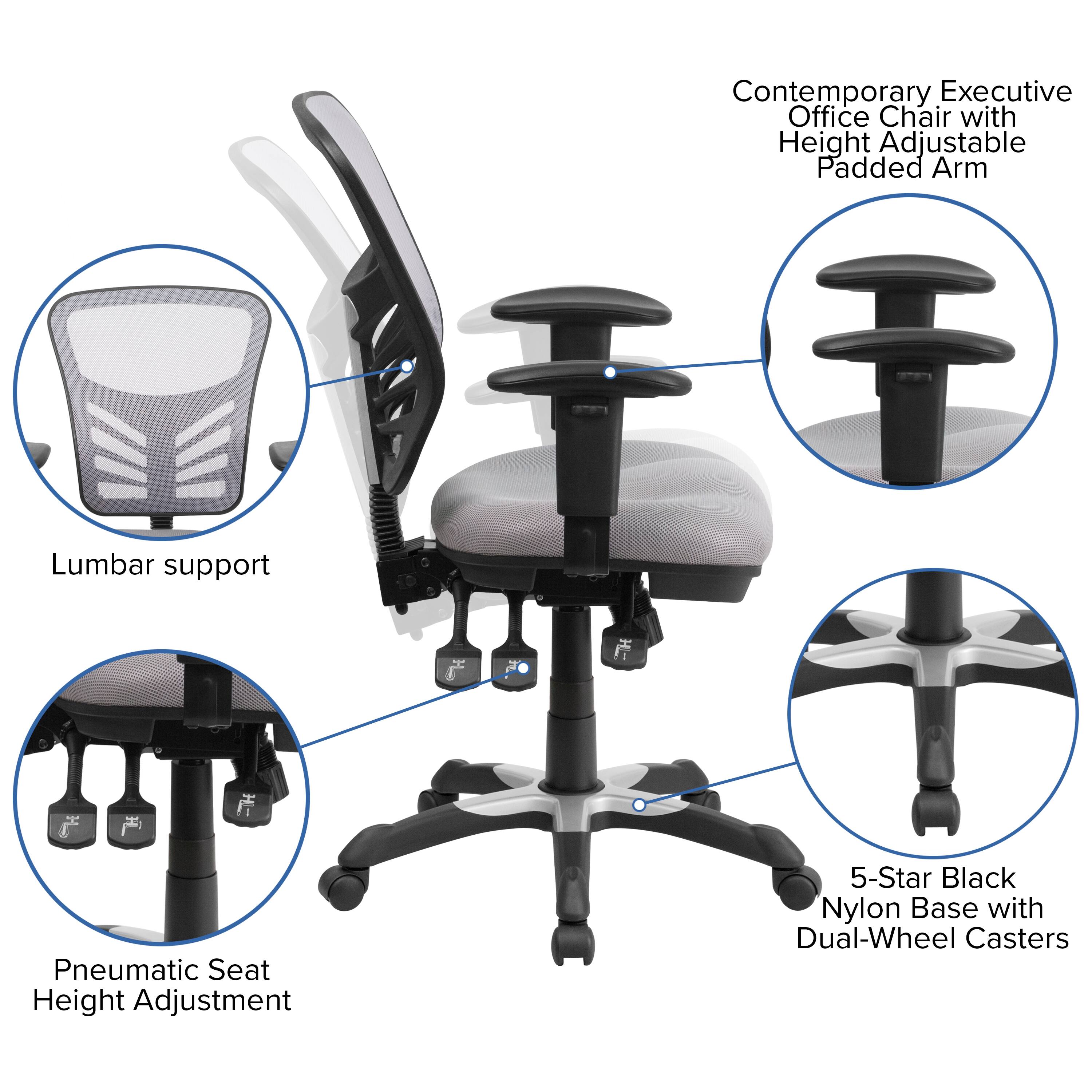 Contemporary Executive Office Chair with Height Adjustable Padded Arm Lumbar support Pneumatic Seat Height Adjustment 5-Star Black Nylon Base with Dual-Wheel Casters