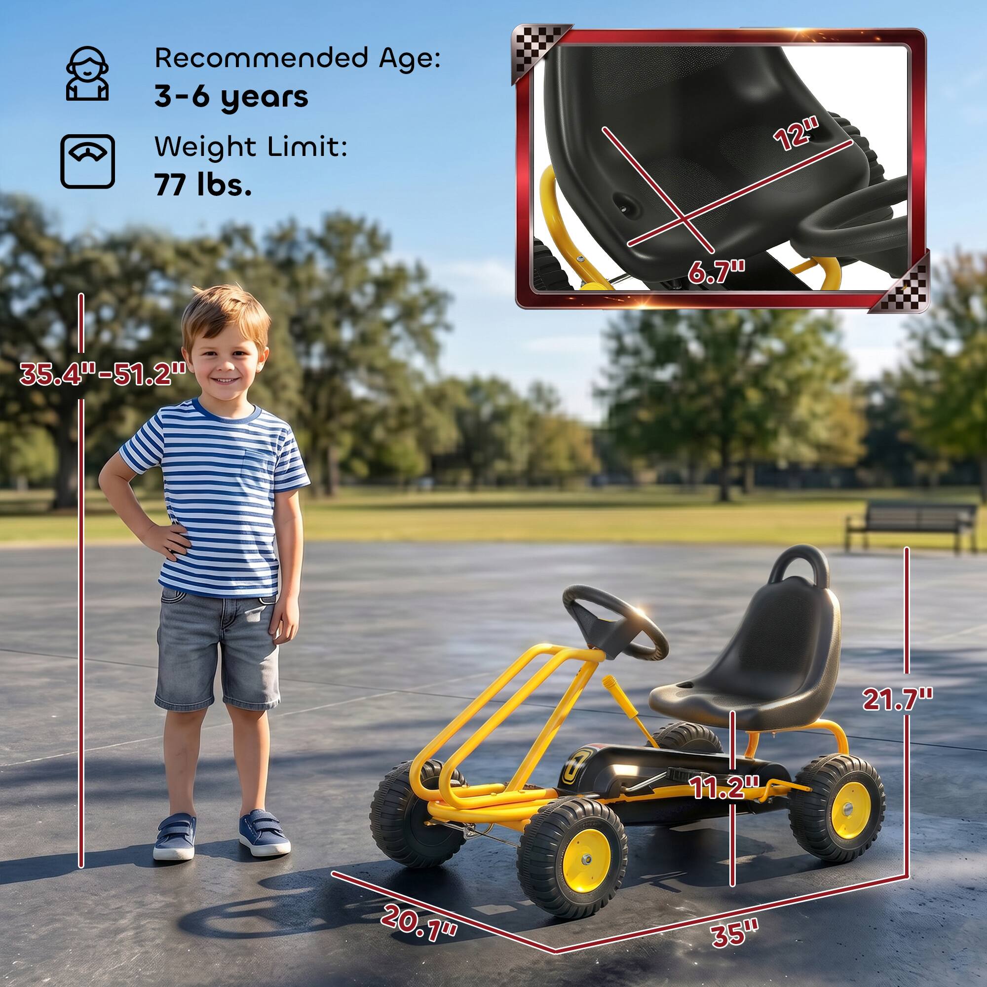 Recommended Age: 3-6 years  
Weight Limit: 77 lbs.  

12"  
6.7"  
35.4"-51.2"  
11.2"  
21.7"  
20.1"  
35"