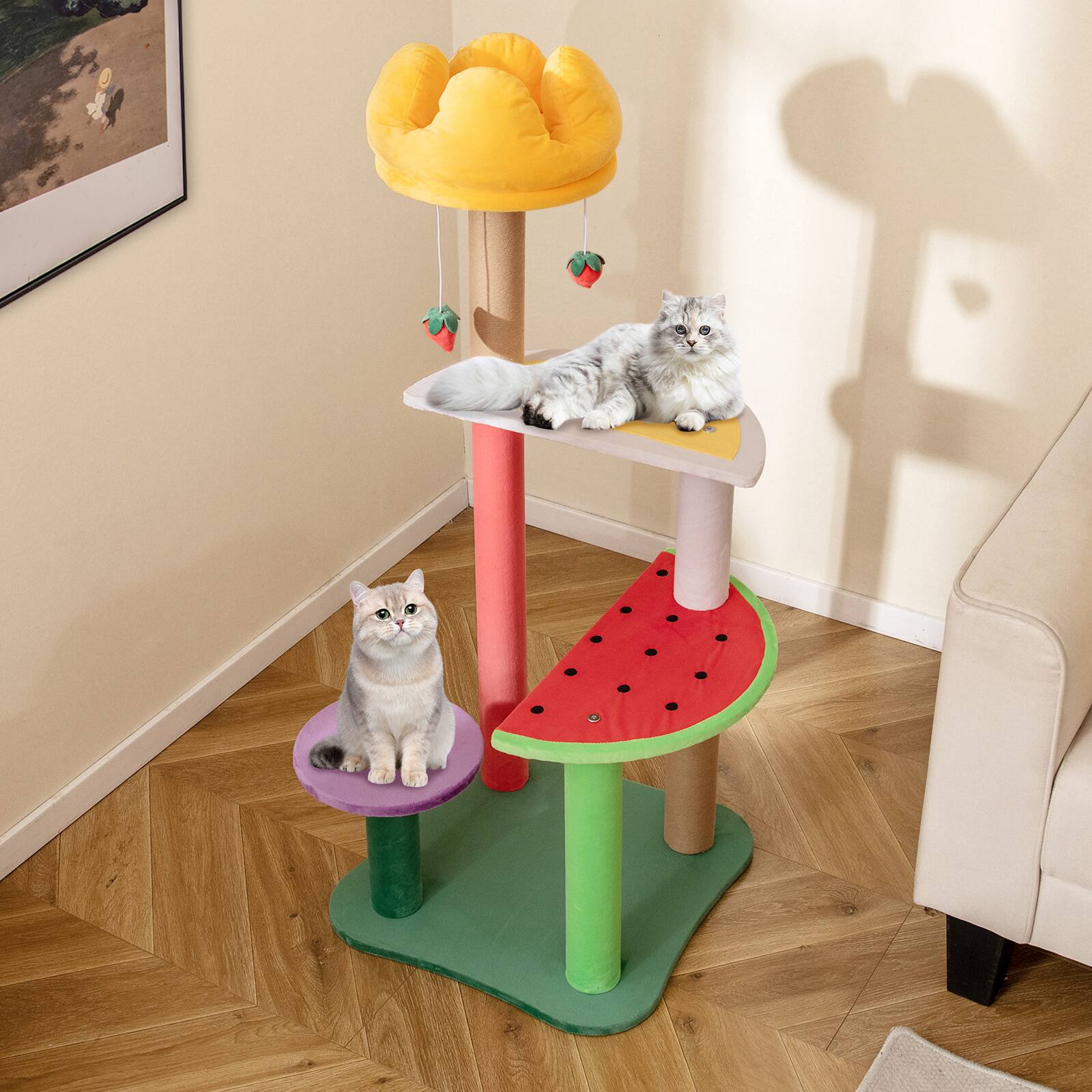 Alt View 1. Gymax - Gymax 45'' Tall Cat Tree w/ Plush Padded Top Perch Fruit-Shaped Platforms Dangling Balls - GYM16155.