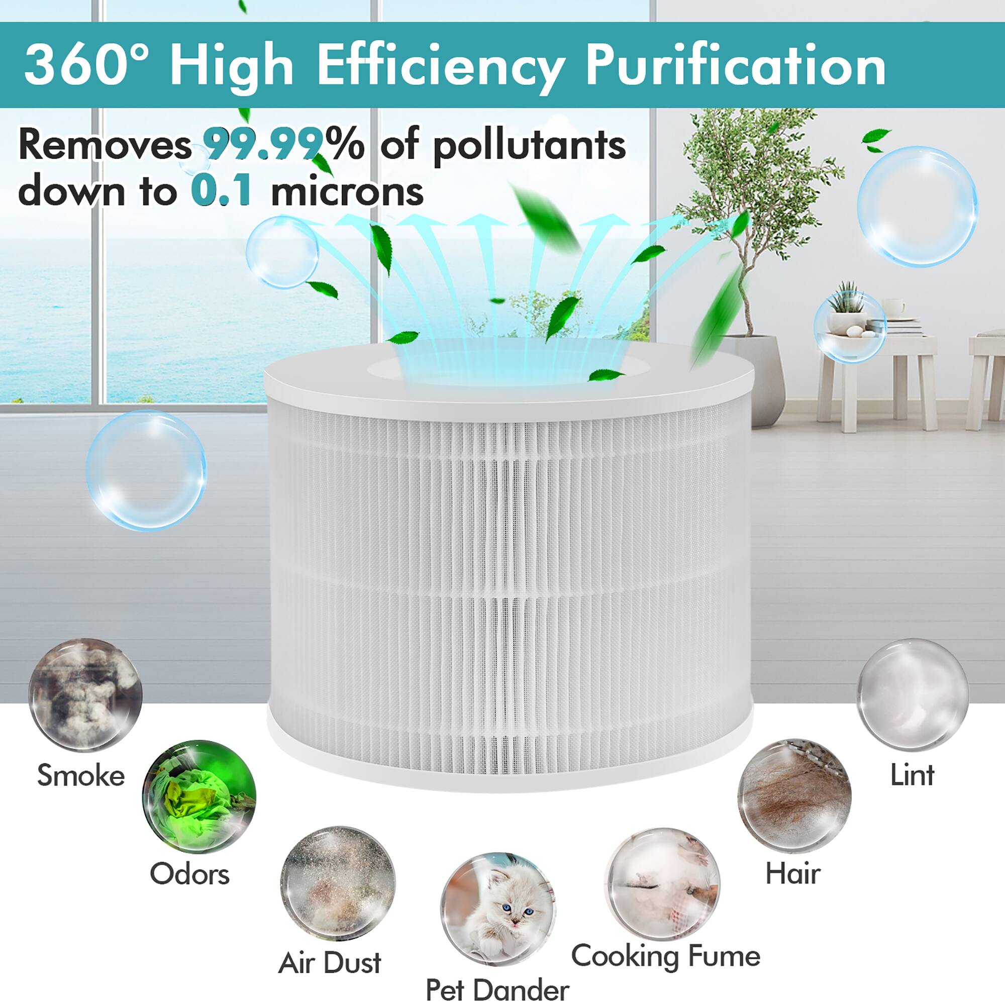 360° High Efficiency Purification

Removes 99.99% of pollutants down to 0.1 microns

- Smoke
- Odors
- Air Dust
- Pet Dander
- Cooking Fume
- Lint
- Hair