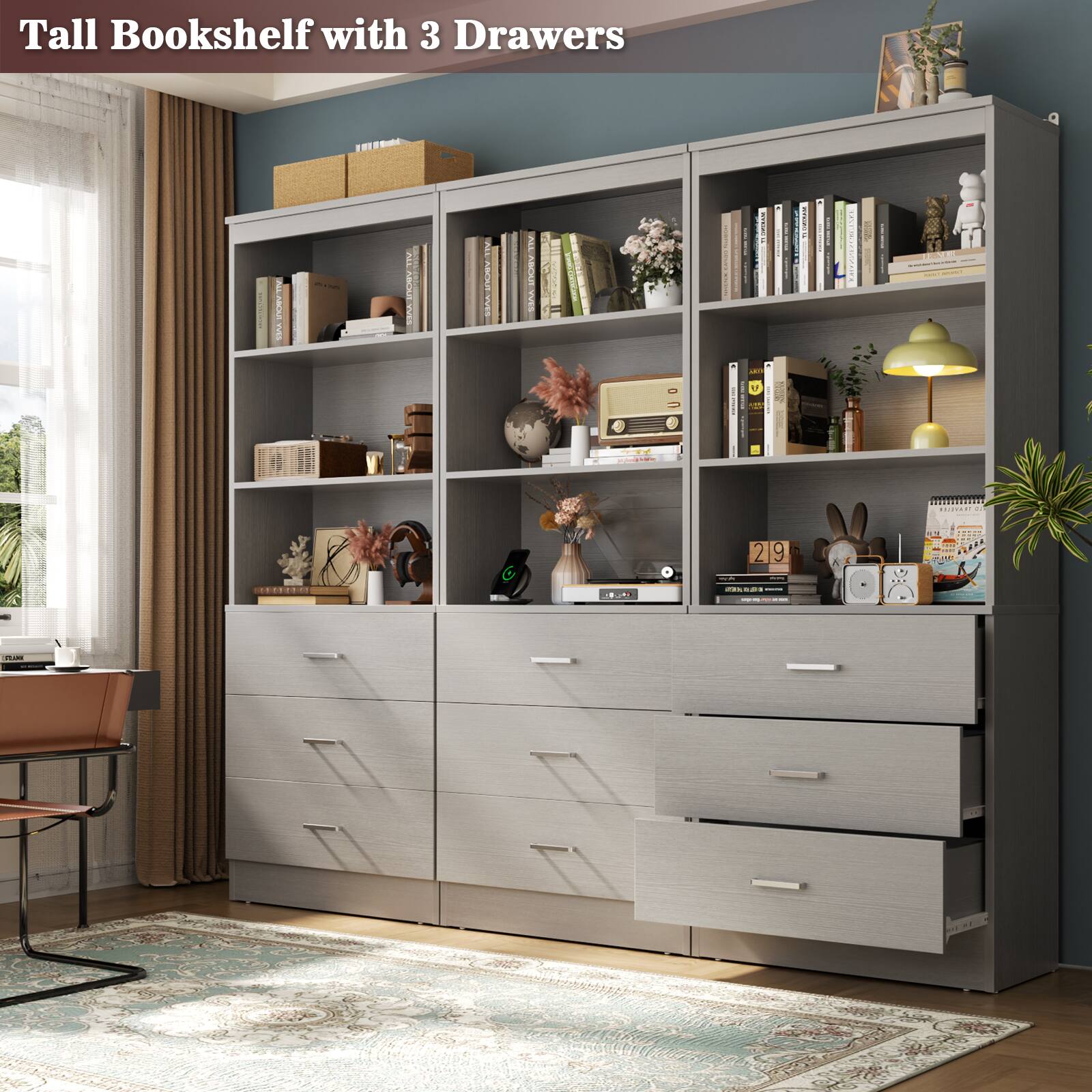 Tall Bookshelf with 3 Drawers