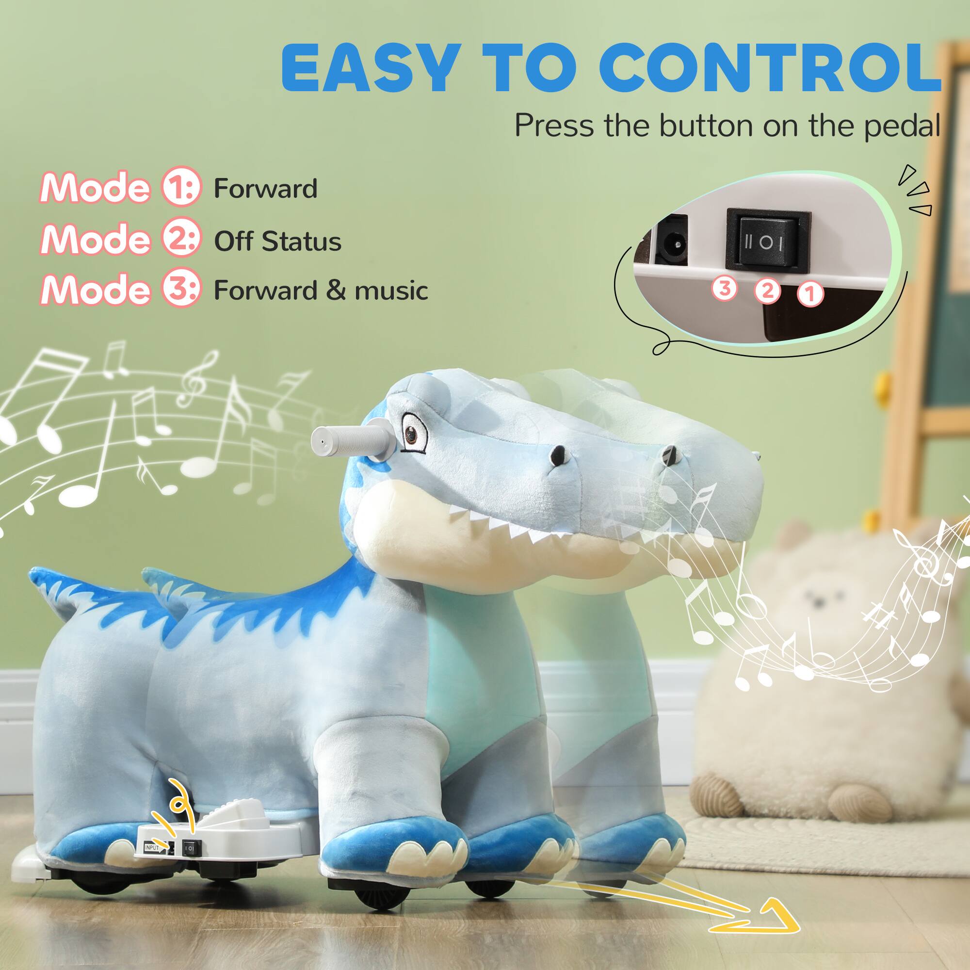 EASY TO CONTROL  
Press the button on the pedal

Mode 1: Forward  
Mode 2: Off Status  
Mode 3: Forward & music  

3 2 1