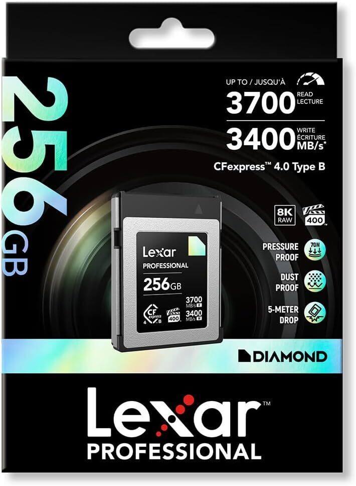 256 GB UP TO / JUSQU' À 3700 READ / LECTURE 3400 WRITE / ÉCRITURE MB/s* CFexpress 4.0 Type B 8K RAW 400 PRESSURE / RESISTANCE 70N Lexar PROFESSIONAL DUST / POUSSIERE PROOF 256 GB PROOF 3700 MB/s CF 5-METER / 5 METRES DROP / CHUTE DIAMOND TM Lexar