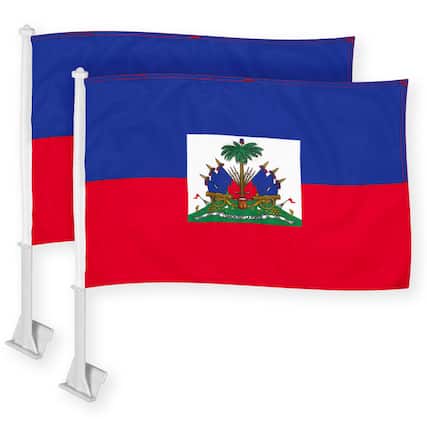Front. G128 - 2-Pack Haiti Haitian Car Flags with Poles — 11 x 17 in Double-Sided 150D Polyester. - Assorted Colors.