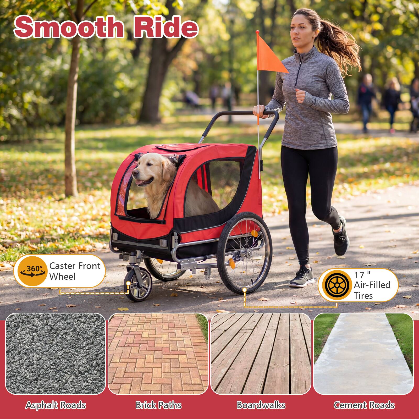 Smooth Ride  
360° Caster Front Wheel  
17" Air-Filled Tires  
Asphalt Roads  
Brick Paths  
Boardwalks  
Cement Roads