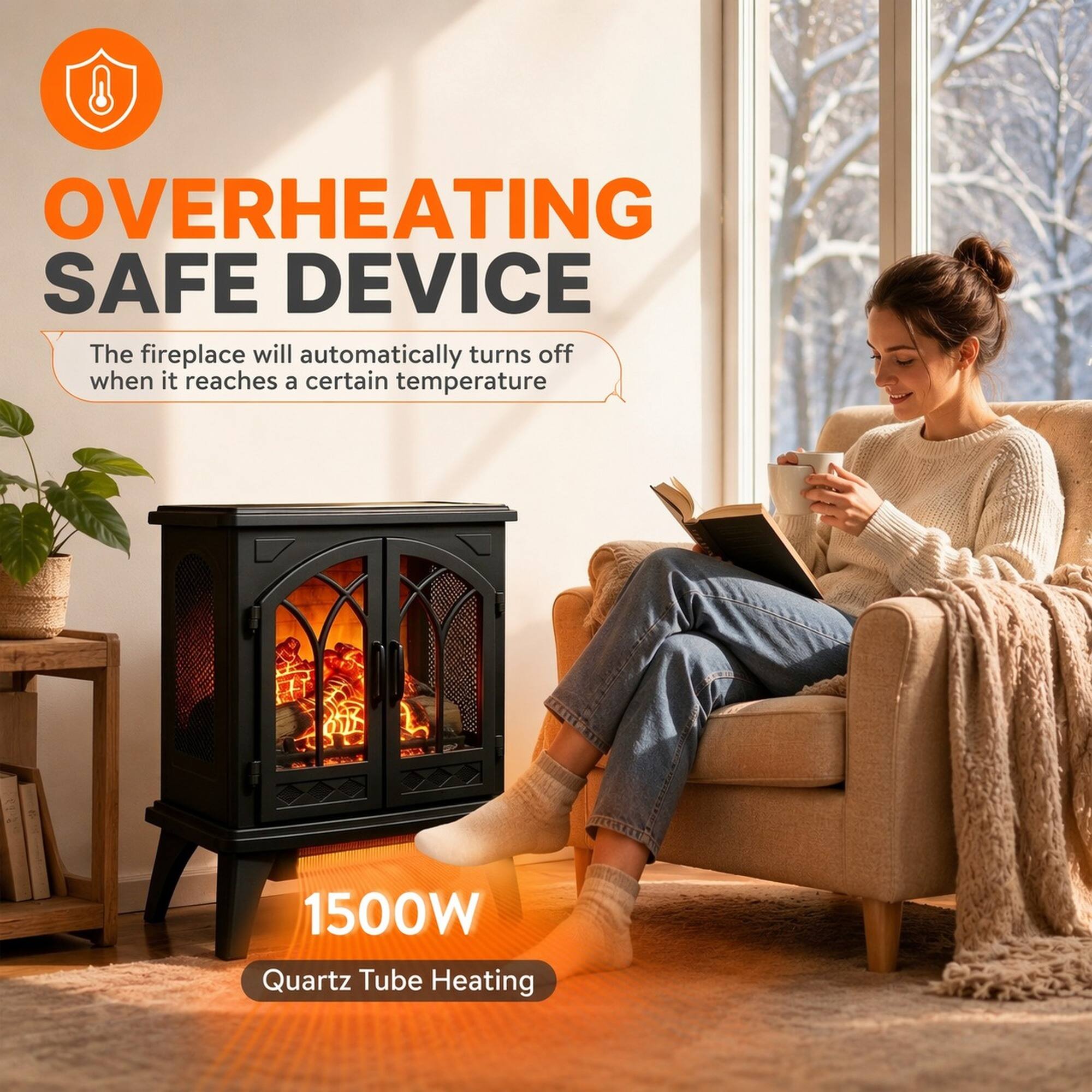 OVERHEATING SAFE DEVICE  
The fireplace will automatically turn off when it reaches a certain temperature  
1500W Quartz Tube Heating