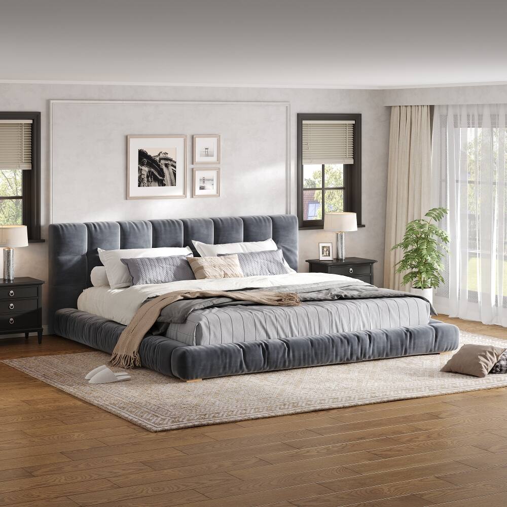 Left. Loheer - Loheer King Size Upholstered Velvet Platform Bed Frame Gray Low Profile - Gray.