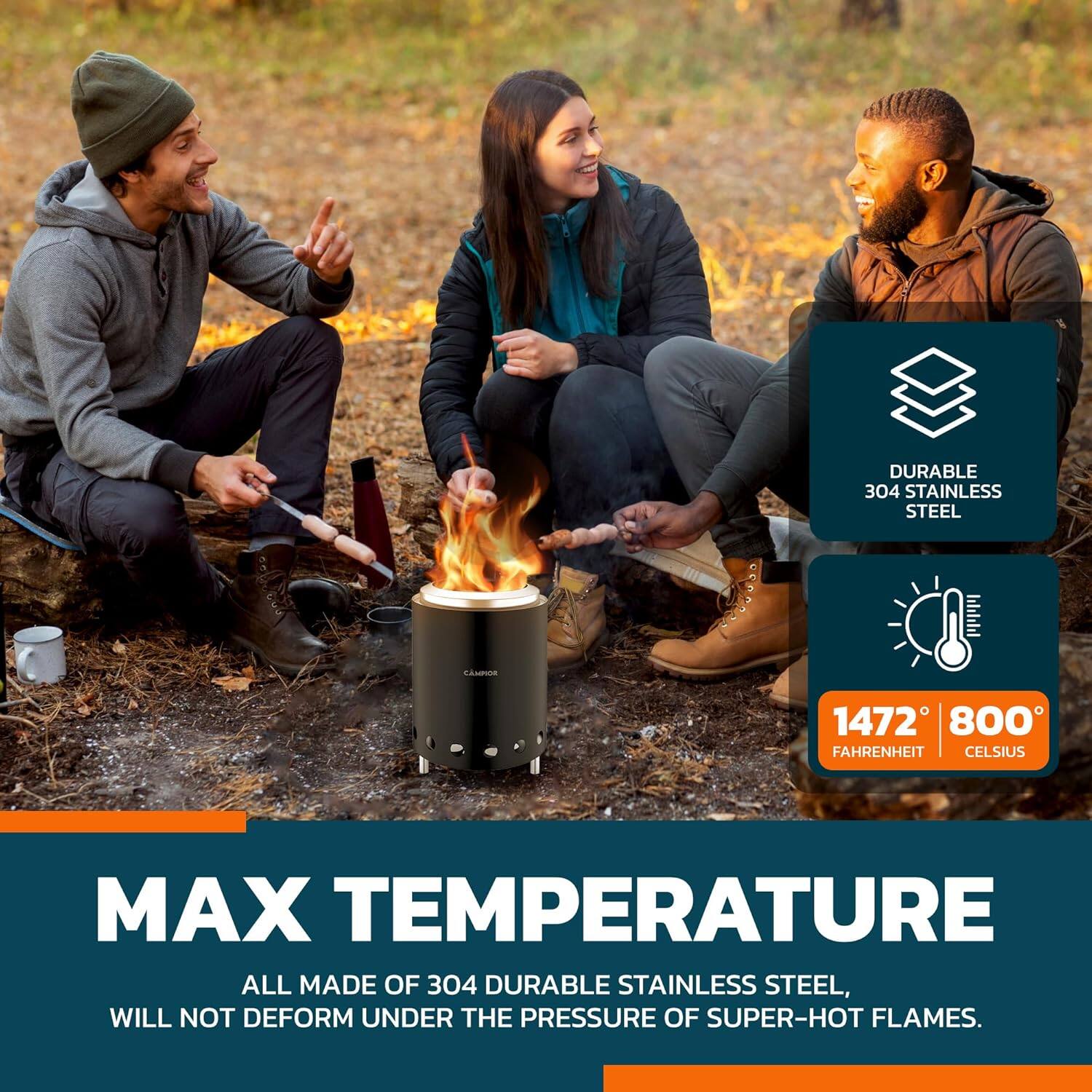 DURABLE 304 STAINLESS STEEL, MAX TEMPERATURE, ALL MADE OF 304 DURABLE STAINLESS STEEL, WILL NOT DEFORM UNDER THE PRESSURE OF SUPER-HOT FLAMES. 1472 800 FAHRENHEIT CELSIUS