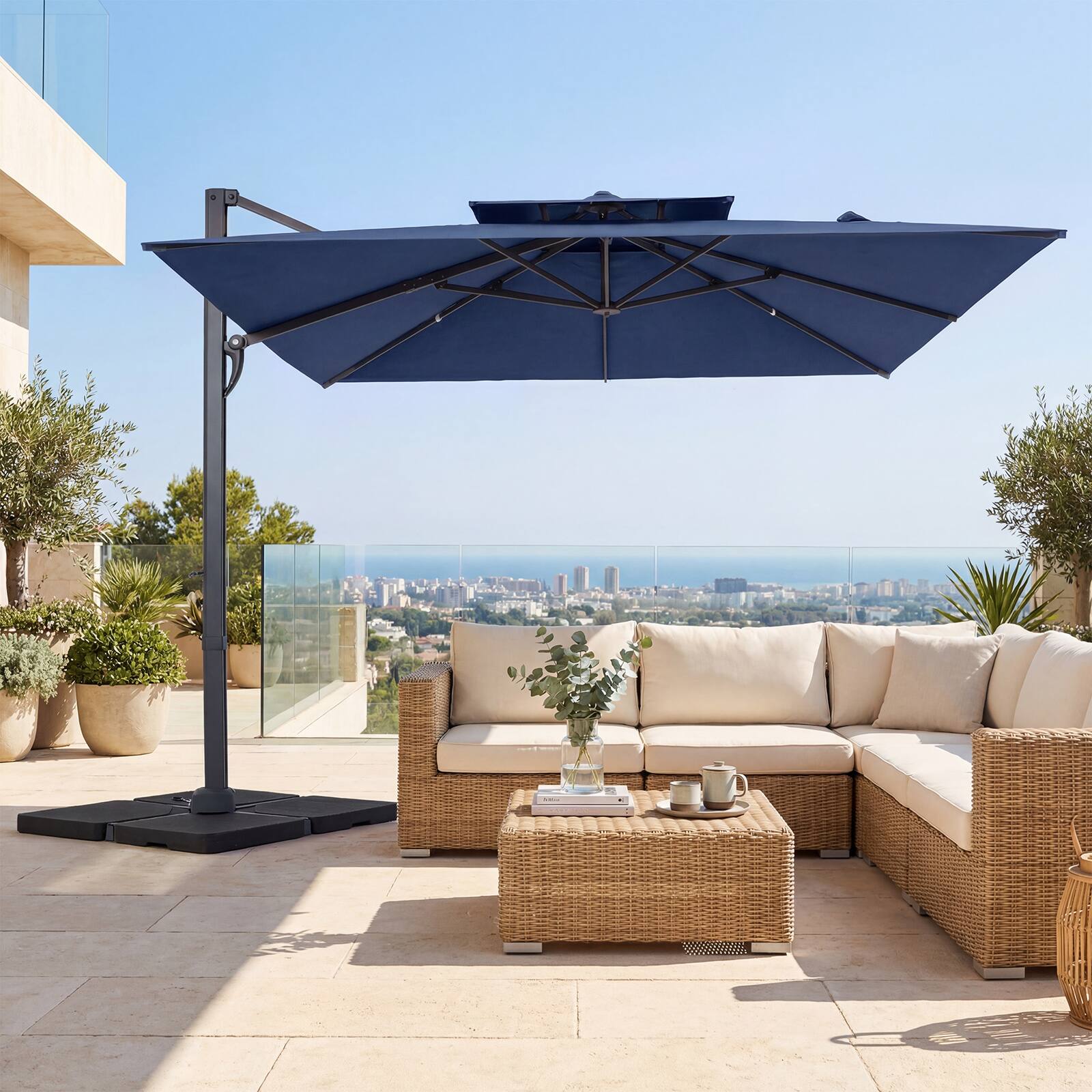 Alt View 1. Gymax - Gymax 10FT Patio Cantilever Umbrella w/360-Degree Rotation 8 Sturdy Ribs Air Vent for Pool Navy Blue - Blue.