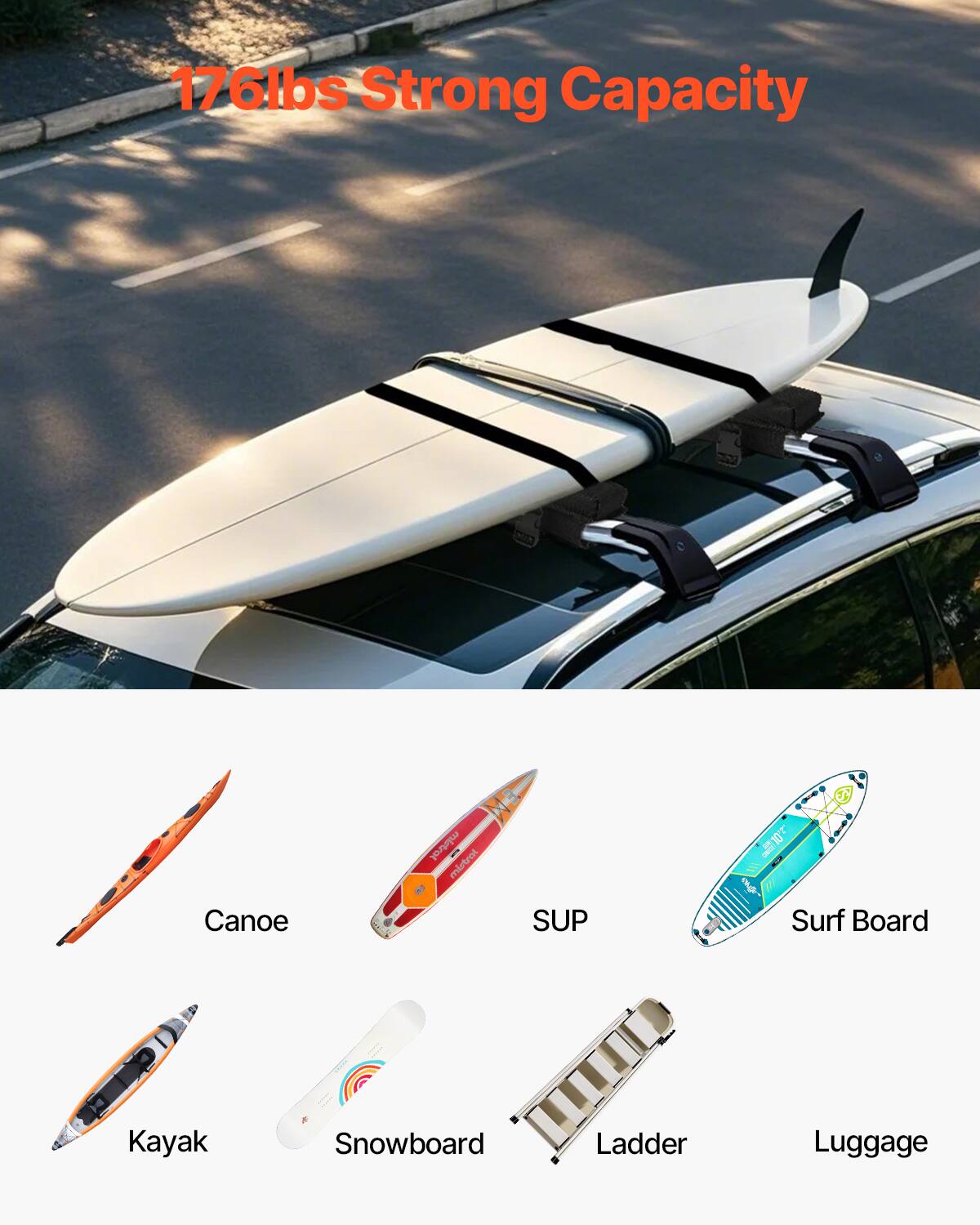 176lbs Strong Capacity

Canoe  
SUP  
Surf Board  
Kayak  
Snowboard  
Ladder  
Luggage