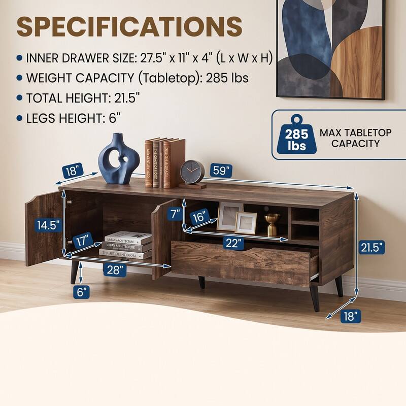 SPECIFICATIONS  
INNER DRAWER SIZE: 27.5" X 11" X 4" (LxWxH)  
WEIGHT CAPACITY (Tabletop): 285 lbs  
TOTAL HEIGHT: 21.5"  
LEGS HEIGHT: 6"  

MAX TABLETOP CAPACITY: 285 lbs  

18"  
59"  
14.5"  
16"  
22"  
21.5"  
28"  
6"