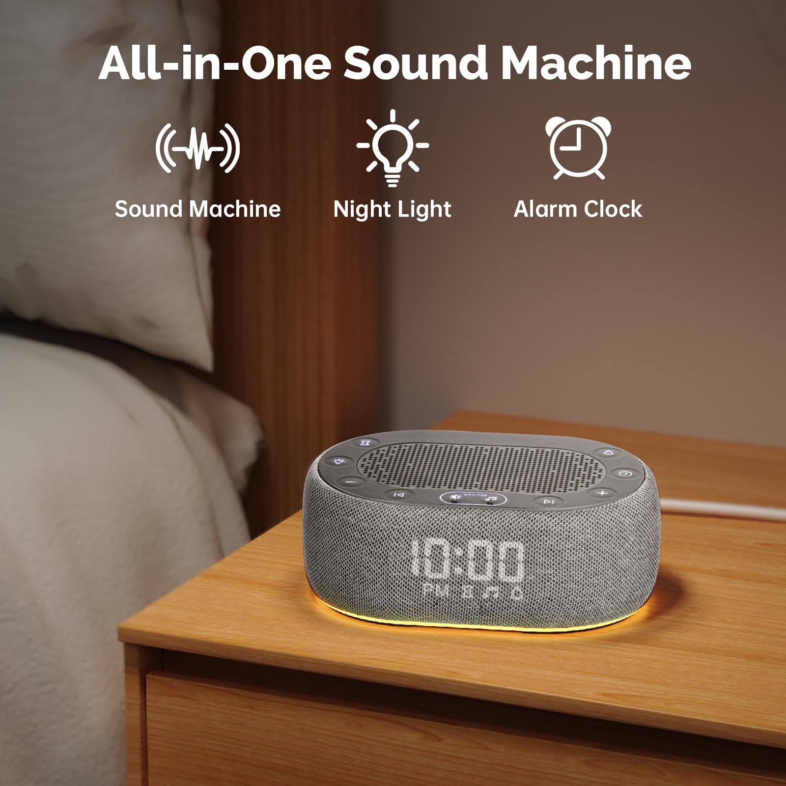 All-in-One Sound Machine

Sound Machine Night Light Alarm Clock

3G

10:00 PM