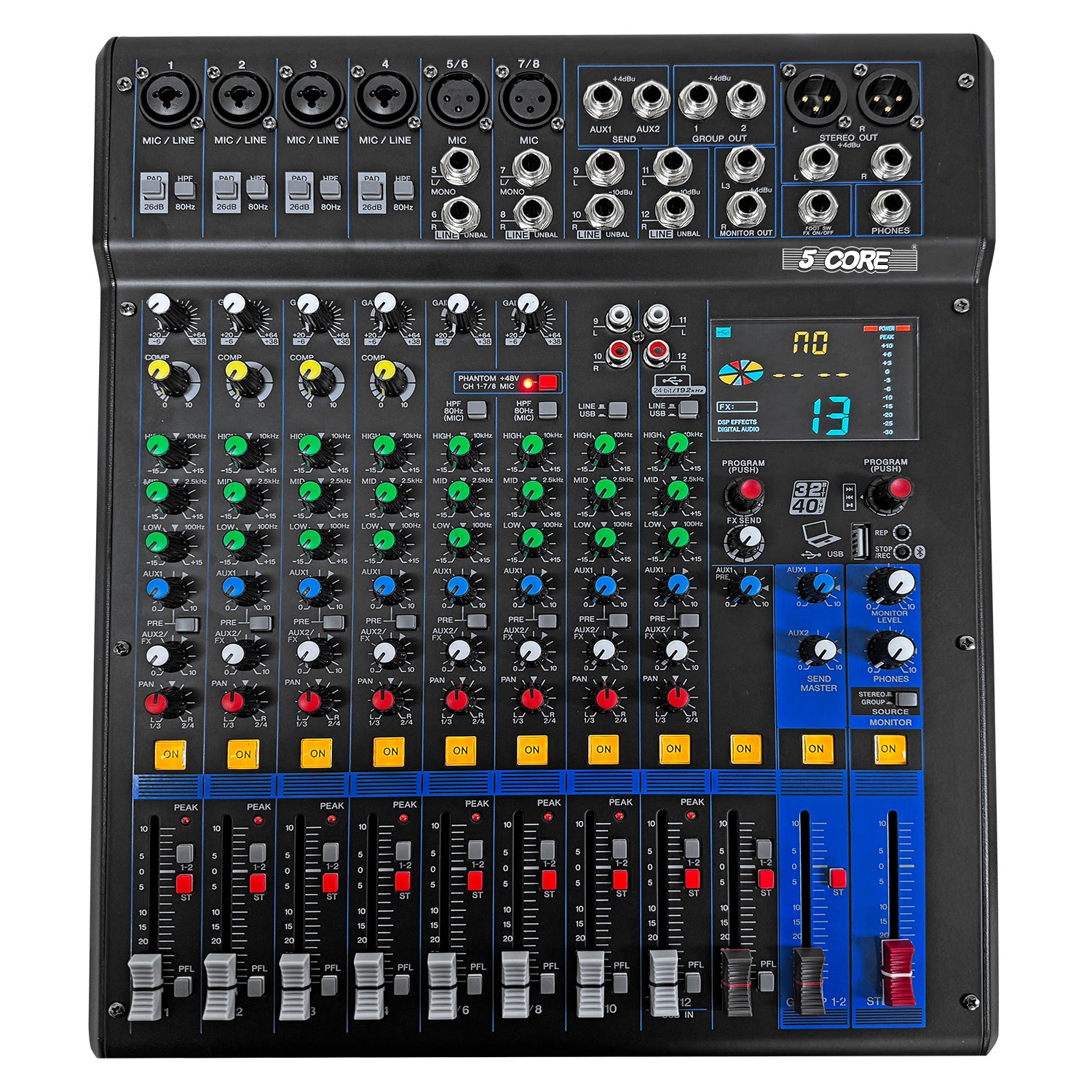 5 CORE - Audio Mixer 12 Channel DJ Soundboard USB Interface Bluetooth Mixing Console w 99 DSP Effect