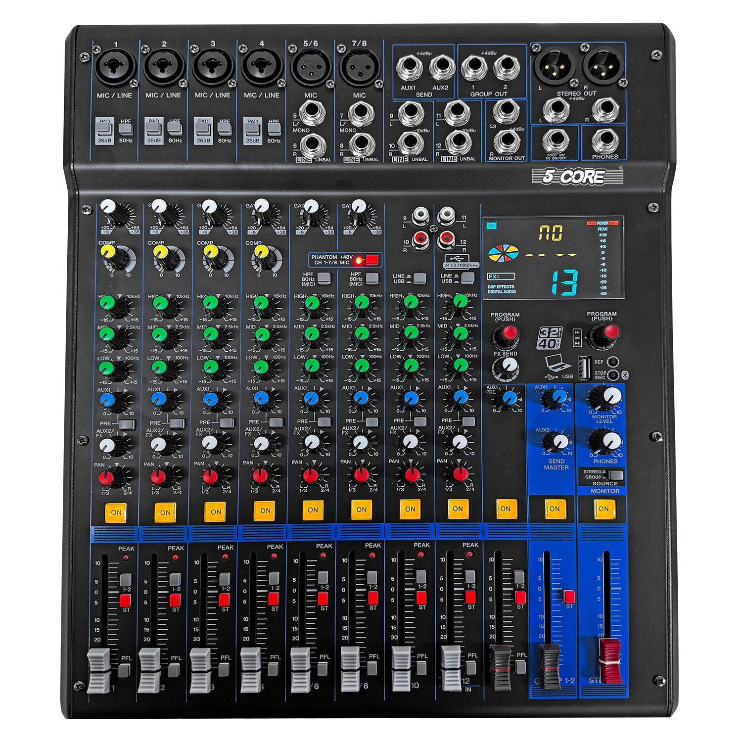 5 CORE - Audio Mixer 12 Channel DJ Soundboard USB Interface Bluetooth Mixing Console w 99 DSP Effect
