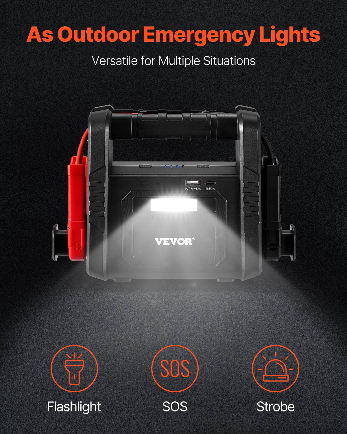 As Outdoor Emergency Lights
Versatile for Multiple Situations
VEVOR
Flashlight
SOS
Strobe