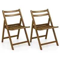 Costway Folding Dining Chair Set of 2 with Rubber Wood Frame Slatted Seat Curved Backrest - Brown - Front_Zoom