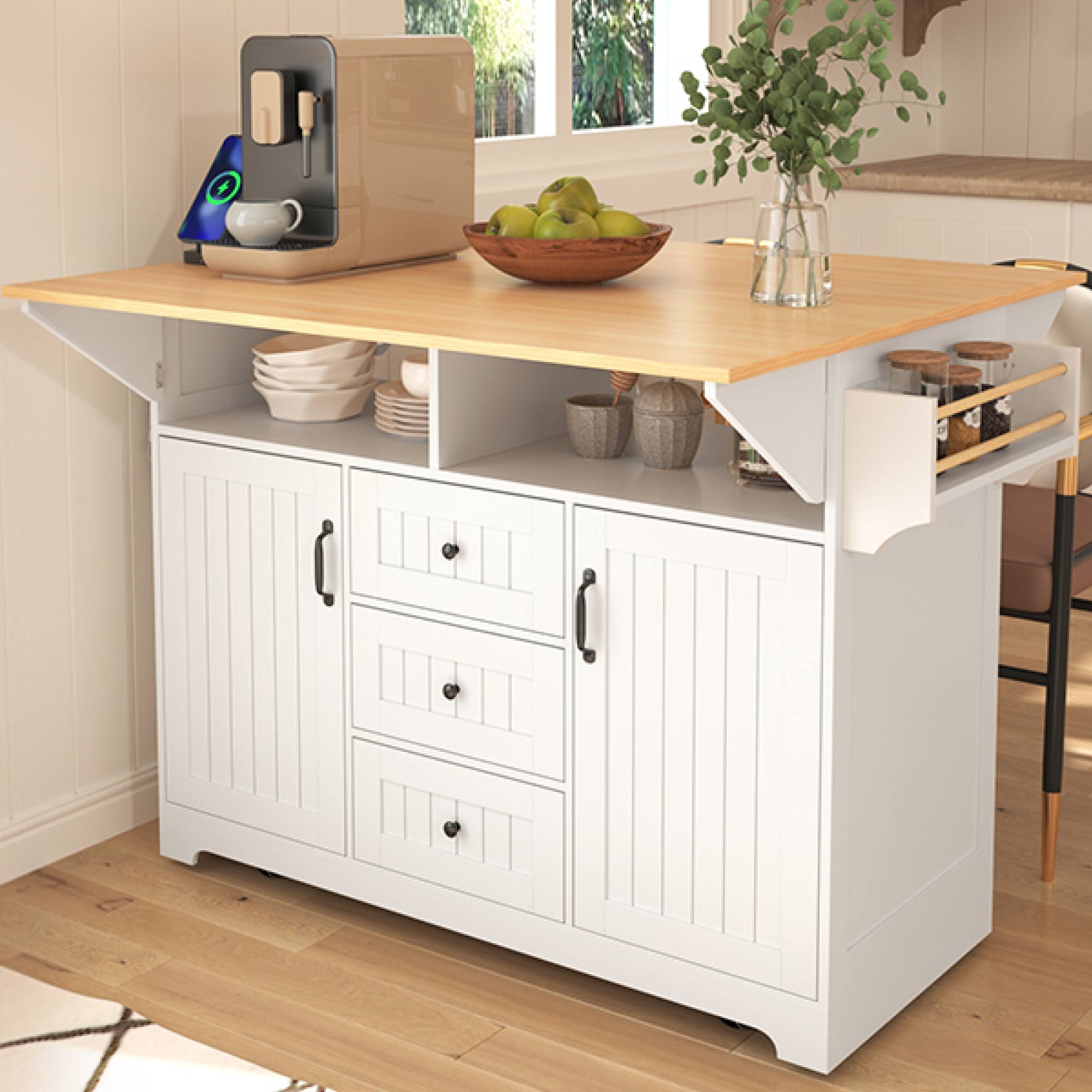 Left. ELEMENT ACE - Multifunctional Kitchen Island Cart with Drop Leaf Extensions, Power Outlets, and Ample Storage for Modern Kitchens - White.