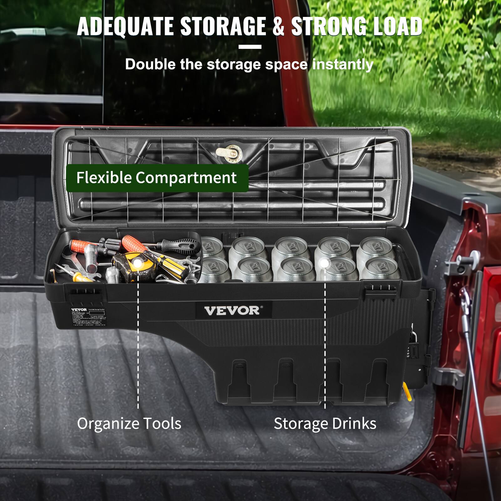 ADEQUATE STORAGE & STRONG LOAD  
Double the storage space instantly  

Flexible Compartment  

Organize Tools  
Storage Drinks  

VEVOR
