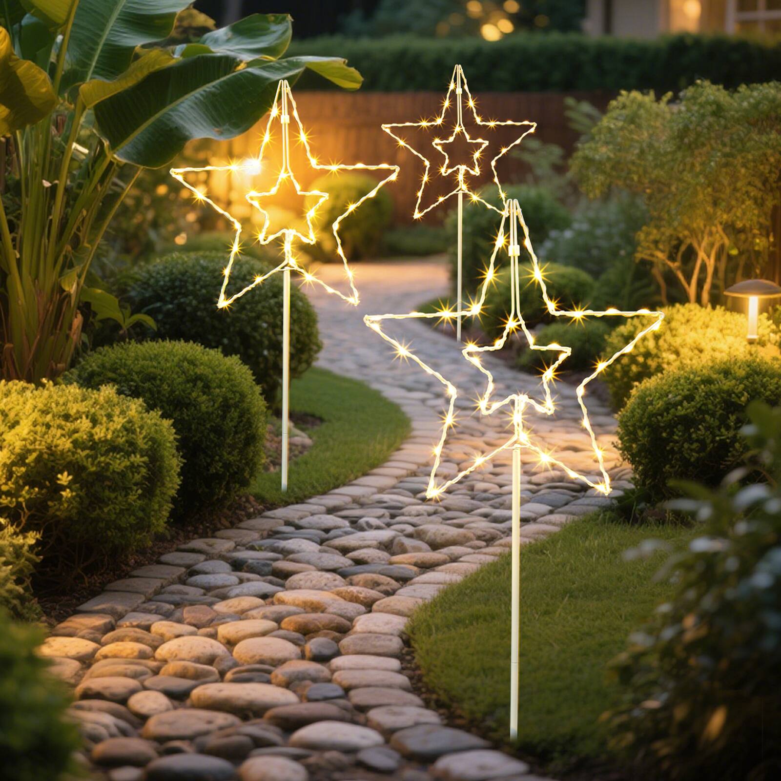 Angle. Oumilen - Solar Star Stake Lights 3-in-1 Warm White LED 35In with 8 Lighting Modes & Timer.