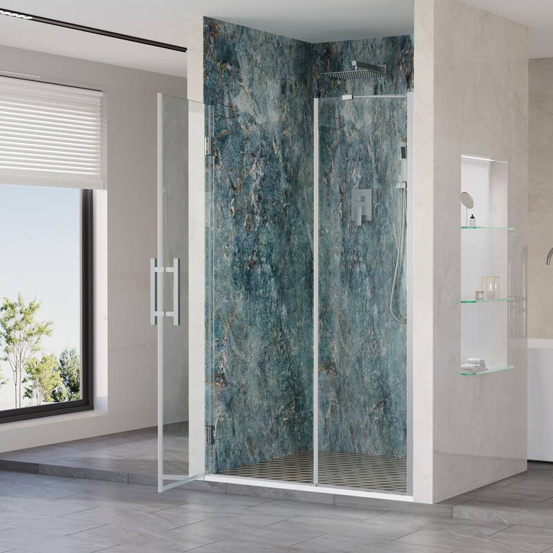 Left. WELLFOR - 45–46 in. W x 72 in. H Frameless Hinged Shower Door with 3/8" Clear Tempered Glass, Reversible Opening - Chrome.