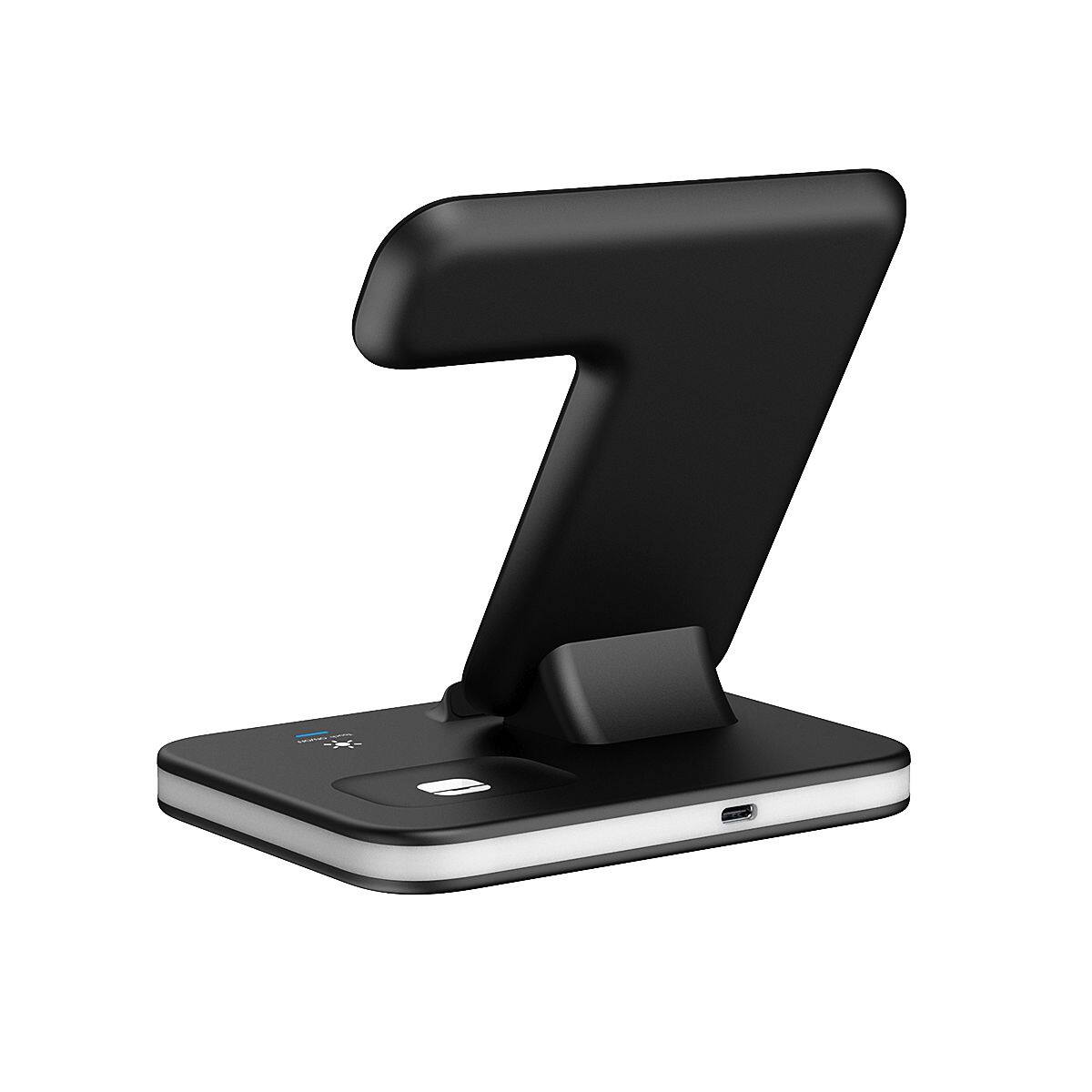 Angle. Link - Link 4-in-1 Wireless Charging Stand with Night Light for iPhone, AirPods, Apple Watch - Black - Black.
