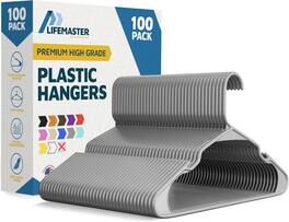 Lifemaster - Plastic Hangers – Heavy Duty, Non-Slip, Space-Saving, Holds 5 lbs, for Clothes, Dresses & Coats, Pack of 100 - Gray